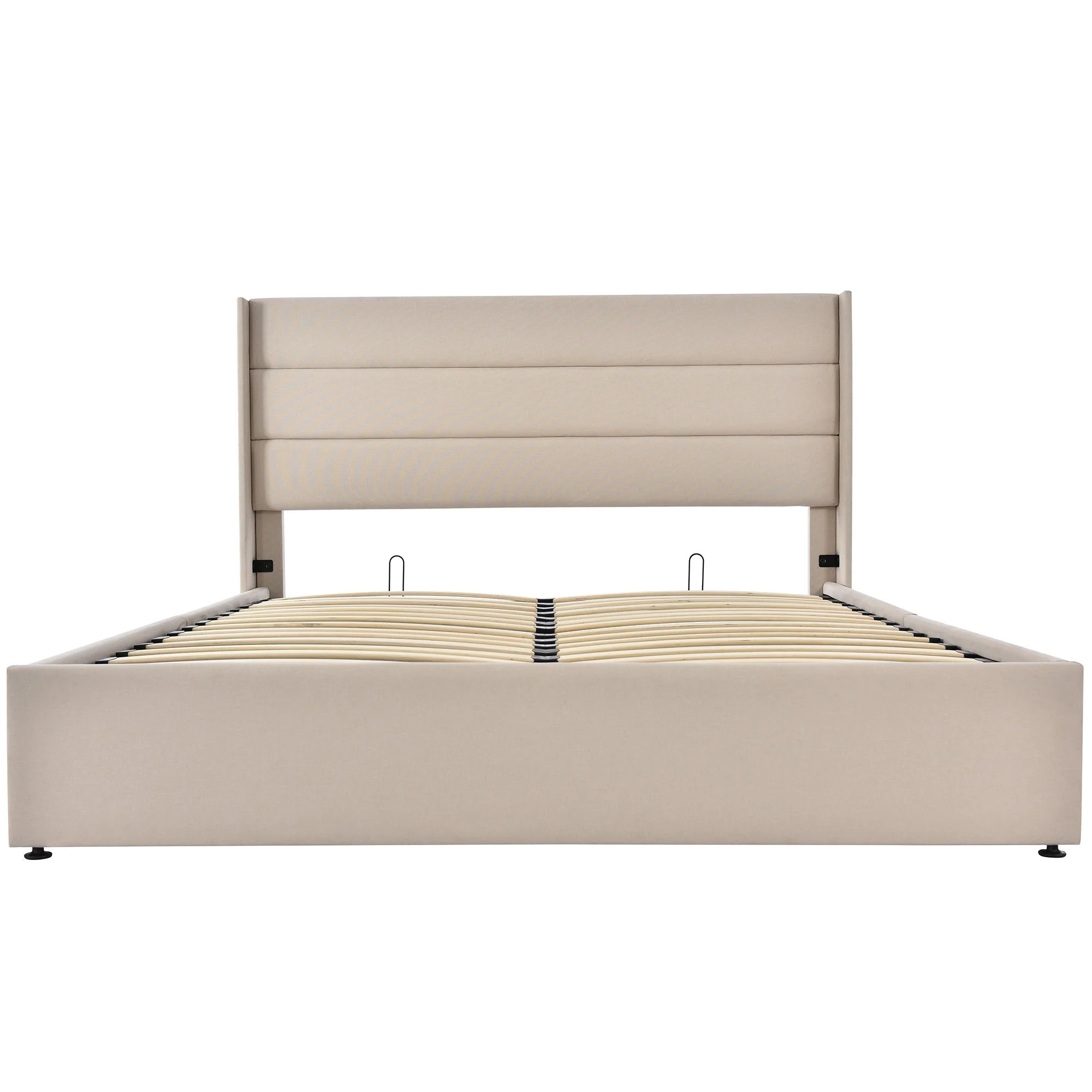 Storage Bed, Hydraulic Double 160x200cm with Mattress & Wooden Slats, Linen Beige - Image 6