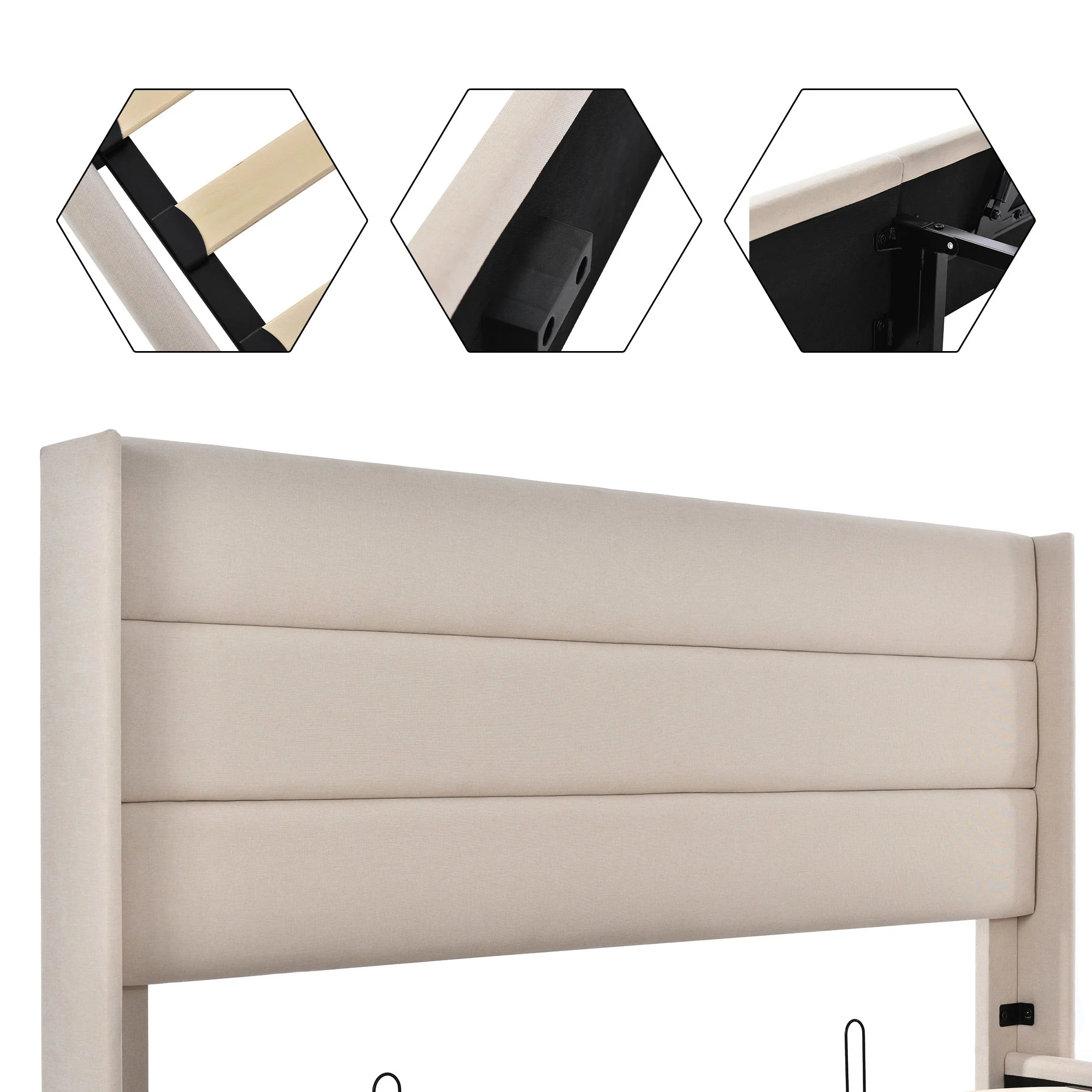 Storage Bed, Hydraulic Double 160x200cm with Mattress & Wooden Slats, Linen Beige - Image 7