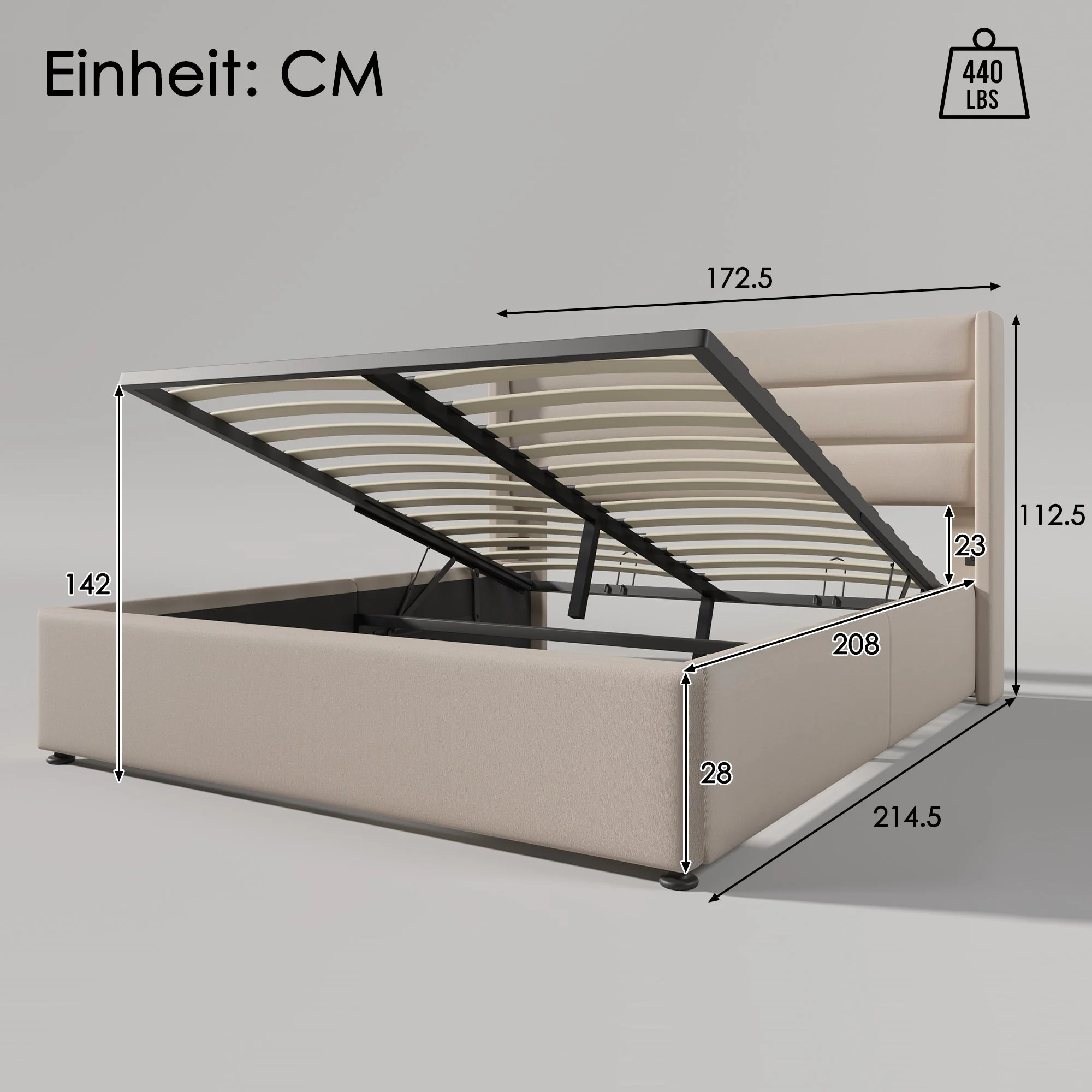 Storage Bed, Hydraulic Double 160x200cm with Mattress & Wooden Slats, Linen Beige - Image 8