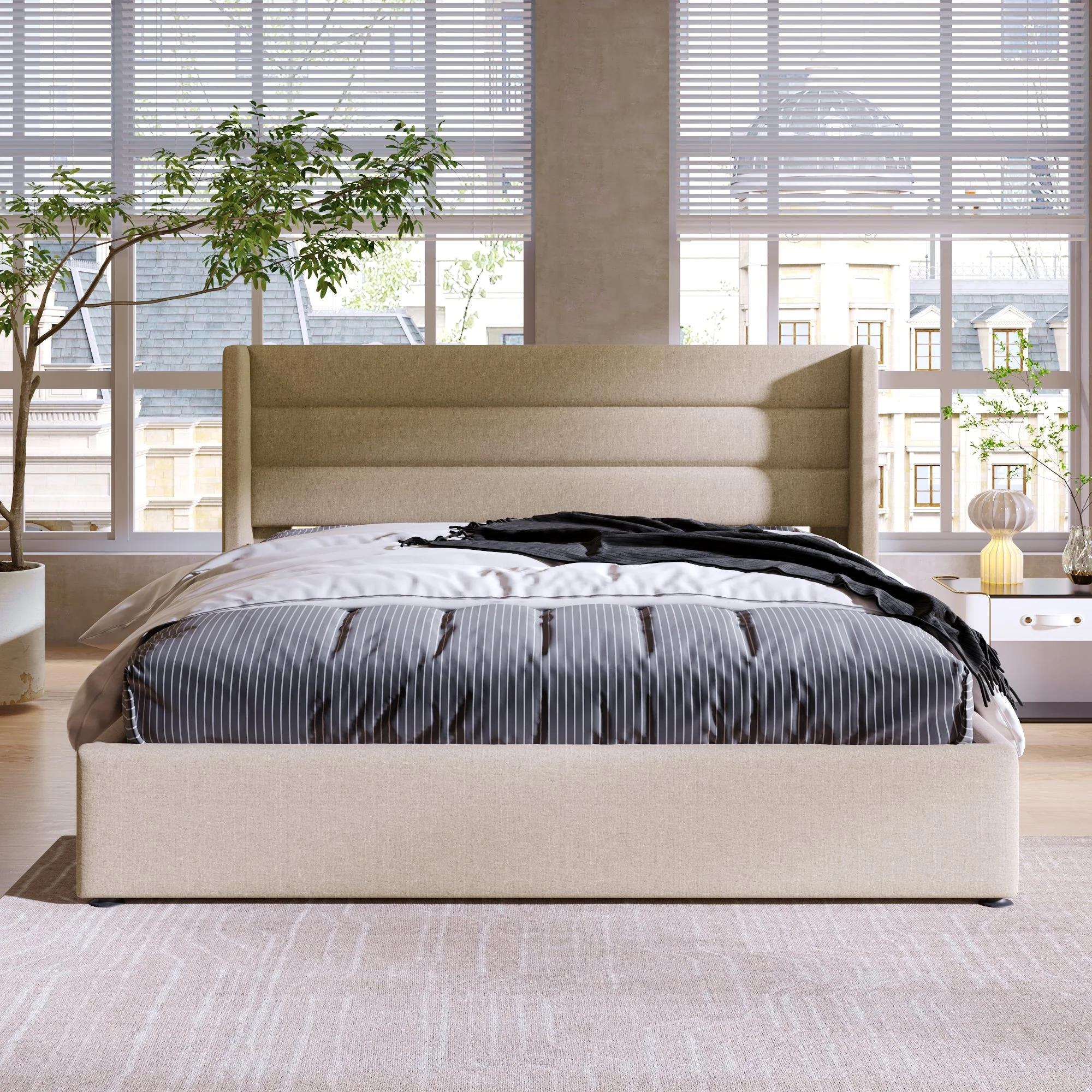 Storage Bed, Hydraulic Double 160x200cm with Mattress & Wooden Slats, Linen Beige - Image 9