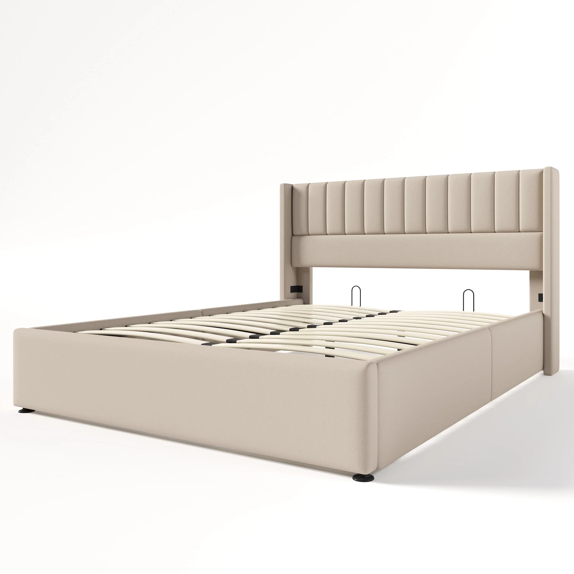 Storage Bed, Hydraulic Double 160x200cm, Wooden Slatted, Beige Linen - Image 10