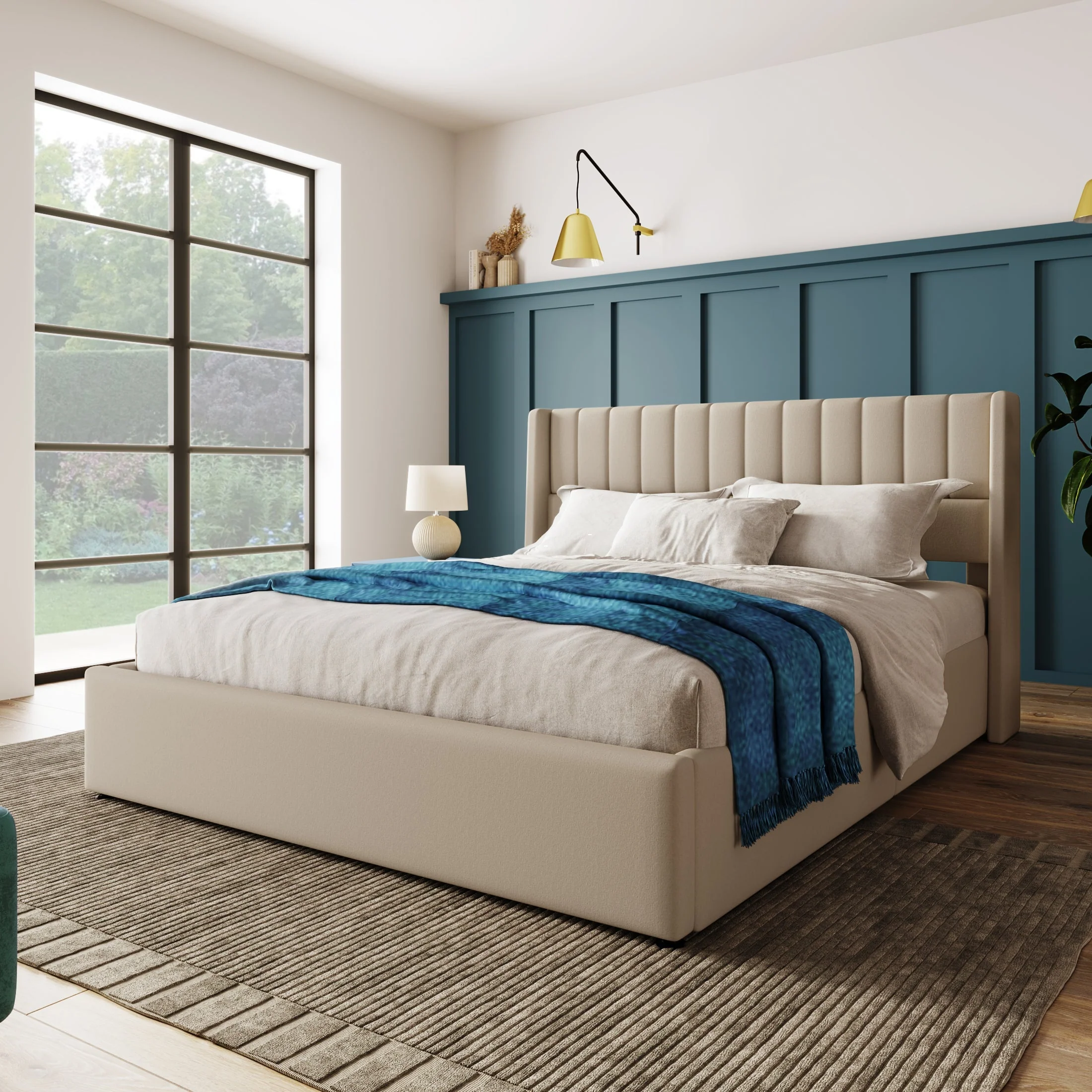 Storage Bed, Hydraulic Double 160x200cm, Wooden Slatted, Beige Linen - Image 2