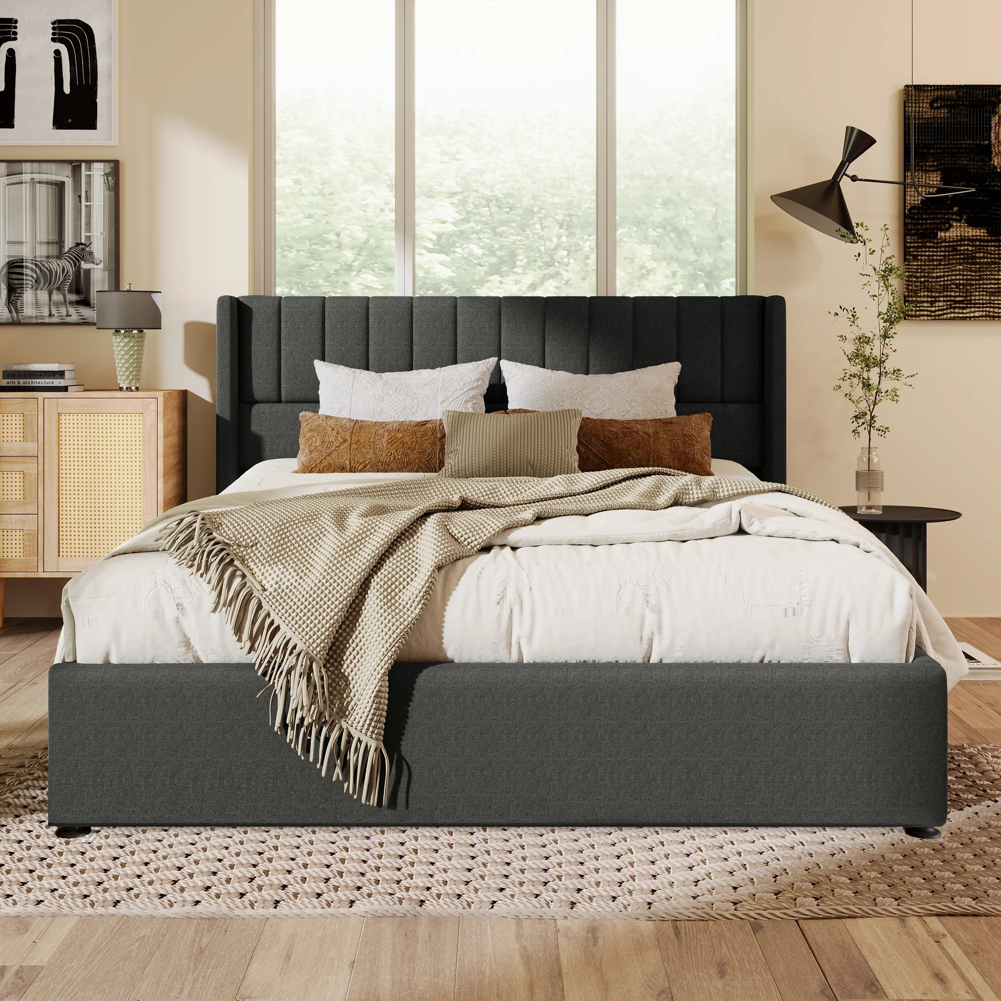 Storage Bed, Hydraulic Double 180x200cm, Linen Grey - Image 10