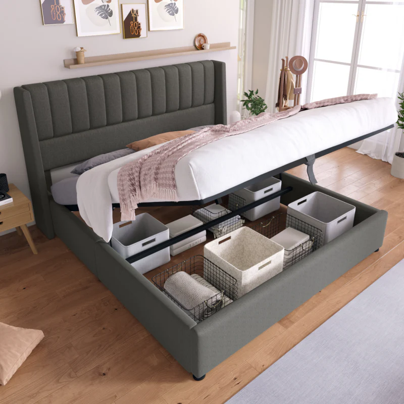 Storage Bed, Hydraulic Double Bed 160x200cm, Linen Grey - Image 2