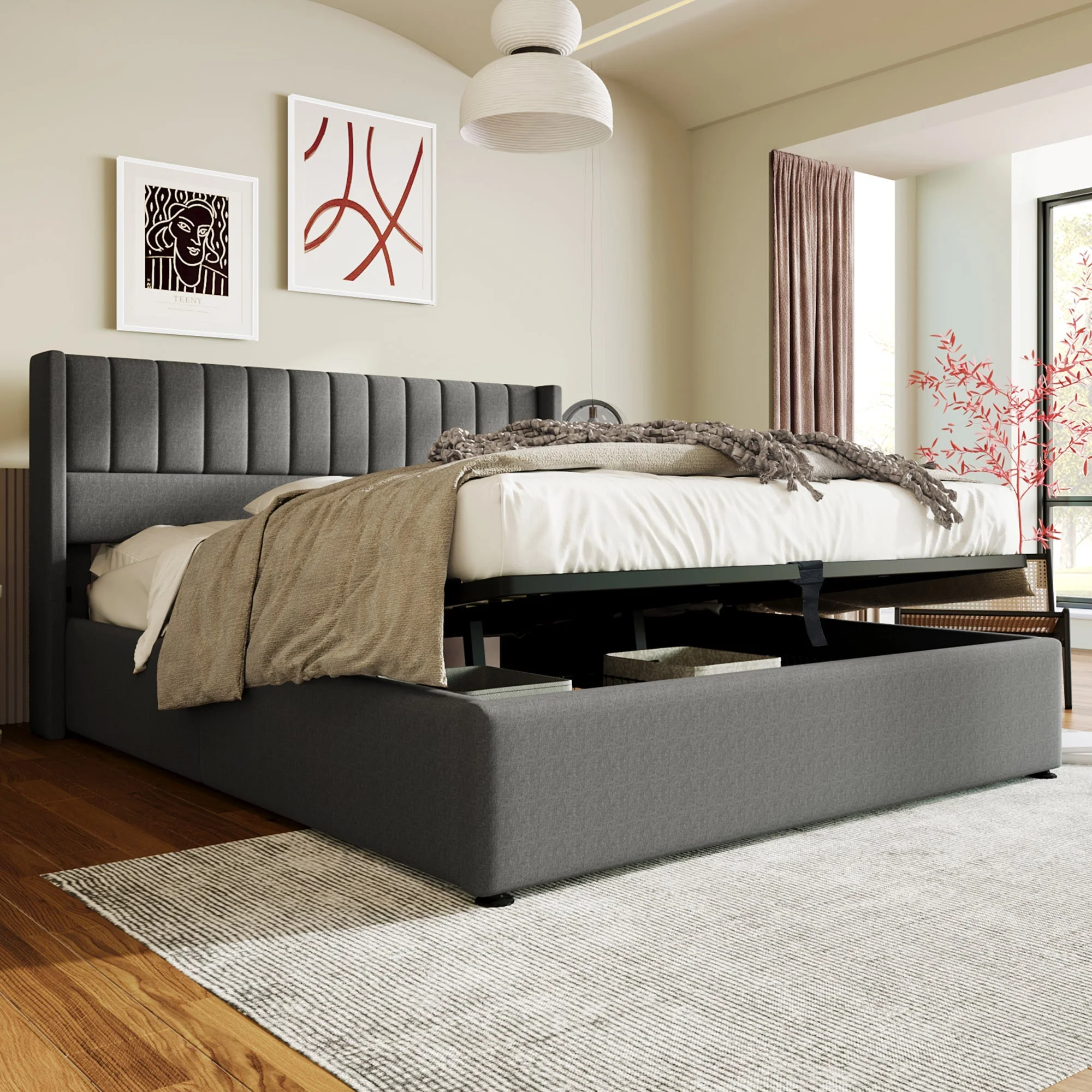 Storage Bed, Hydraulic Double Bed 160x200cm, Linen Grey - Image 9
