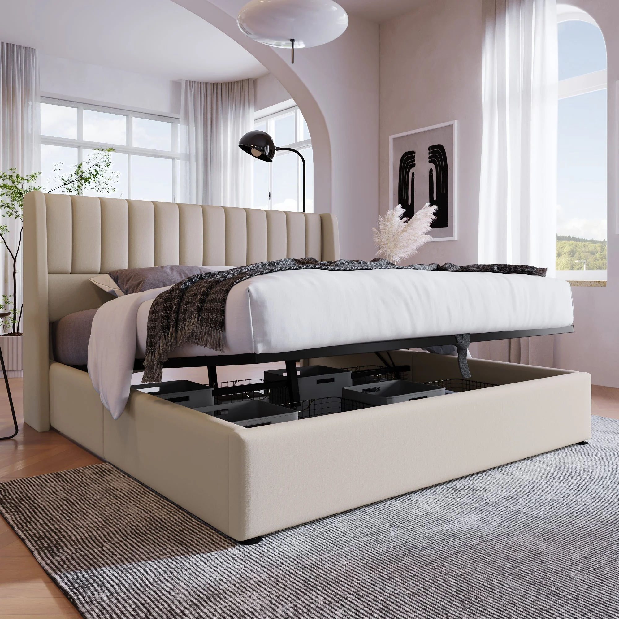 Storage Bed, Upholstered Hydraulic Double 160x200cm, Linen Beige - Image 2