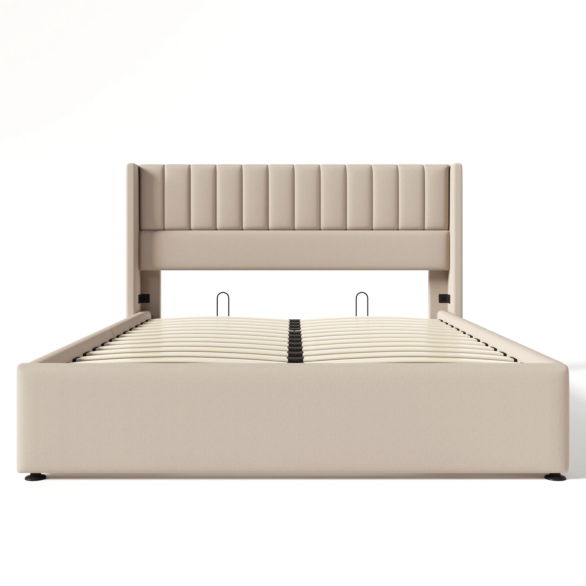 Storage Bed, Upholstered Hydraulic Double 160x200cm, Linen Beige - Image 3