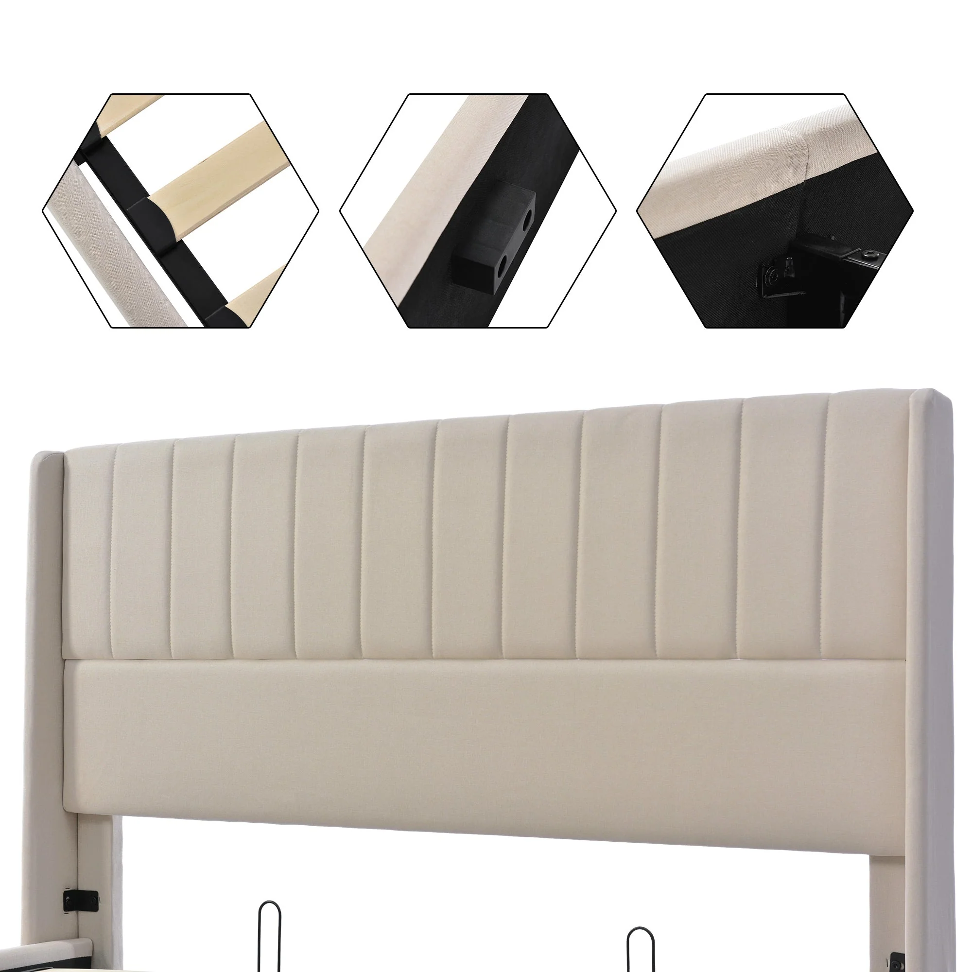 Storage Bed, Upholstered Hydraulic Double 160x200cm, Linen Beige - Image 4