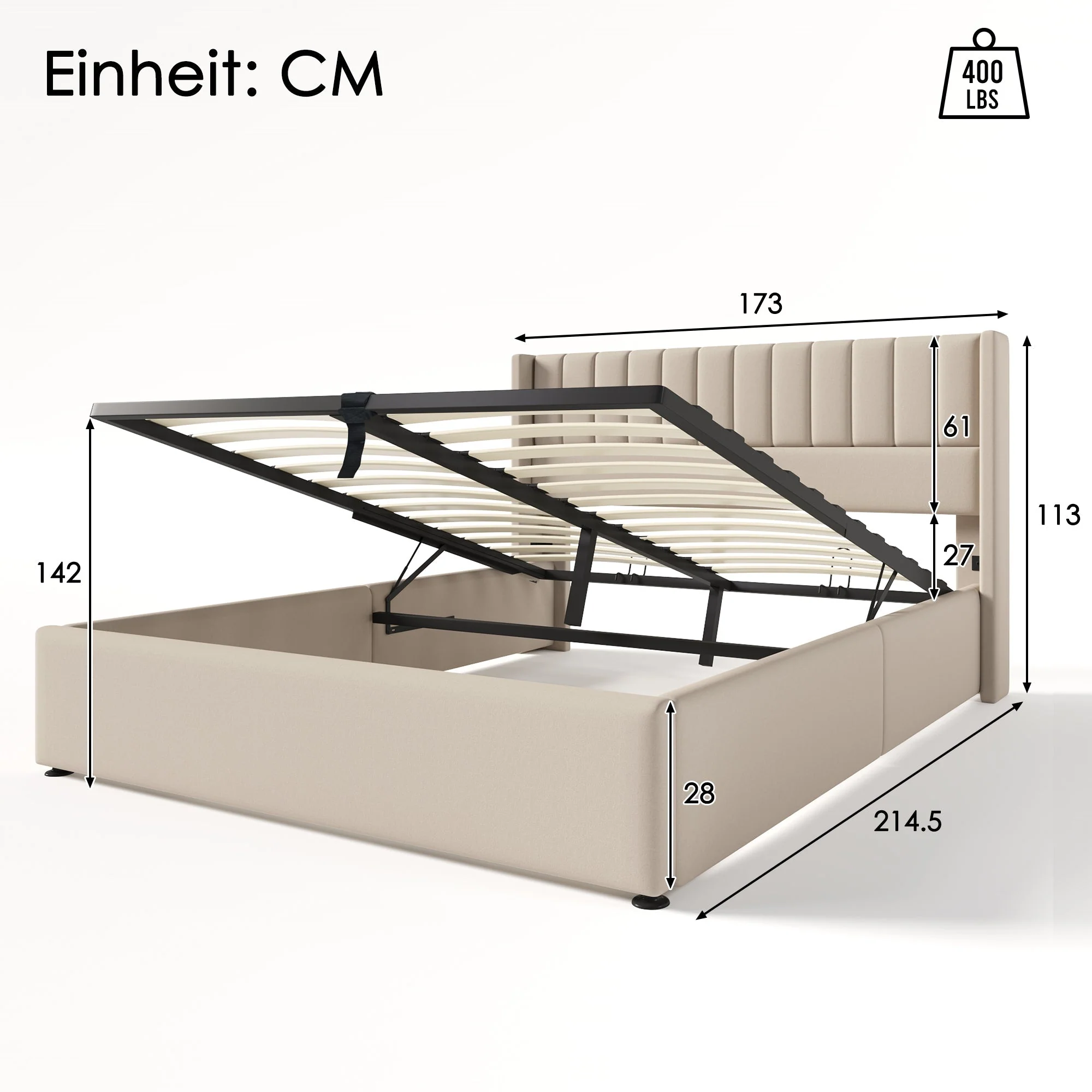 Storage Bed, Upholstered Hydraulic Double 160x200cm, Linen Beige - Image 5