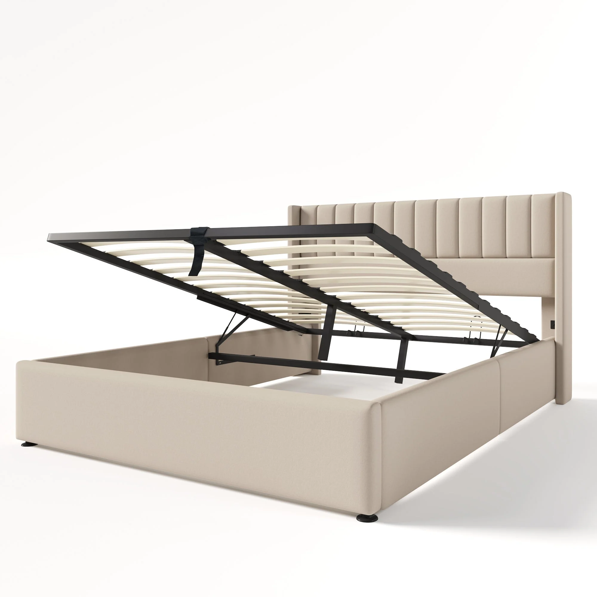 Storage Bed, Upholstered Hydraulic Double 160x200cm, Linen Beige - Image 6