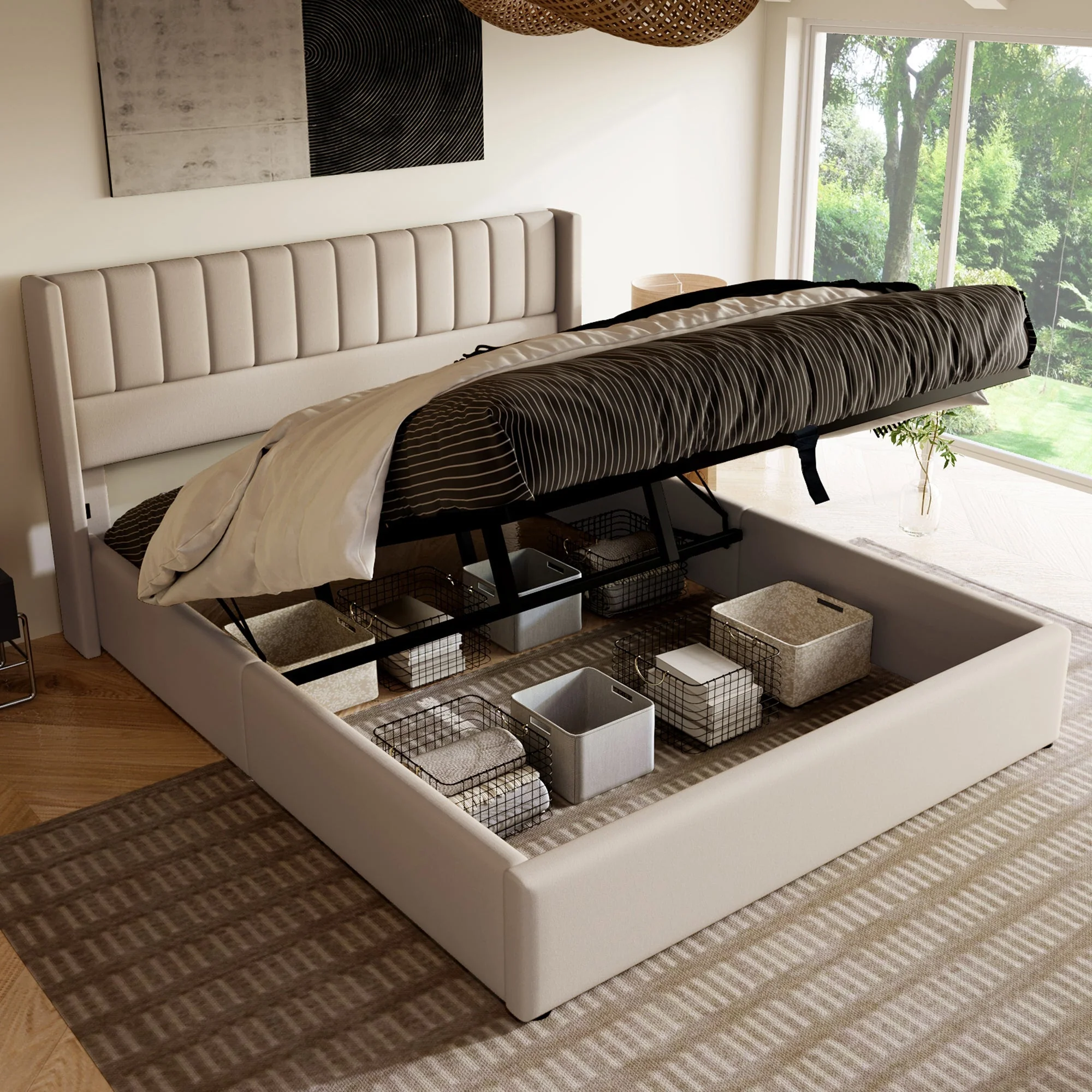 Storage Bed, Upholstered Hydraulic Double 160x200cm, Linen Beige - Image 7
