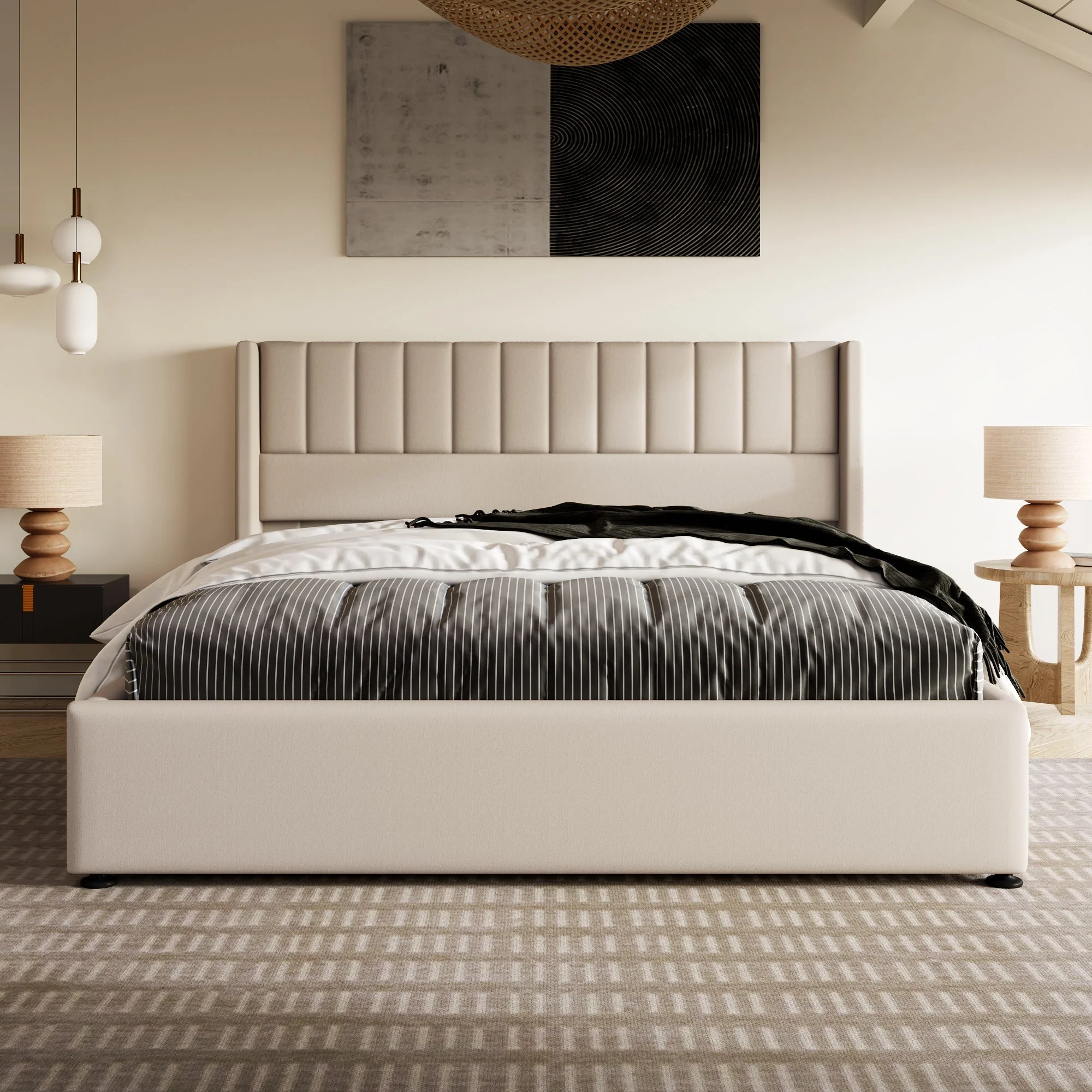 Storage Bed, Upholstered Hydraulic Double 160x200cm, Linen Beige - Image 8