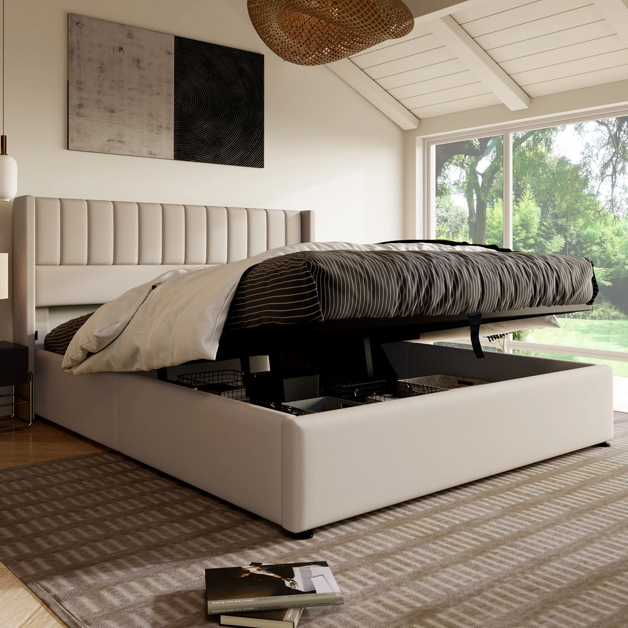 Storage Bed, Upholstered Hydraulic Double 160x200cm, Linen Beige - Image 9