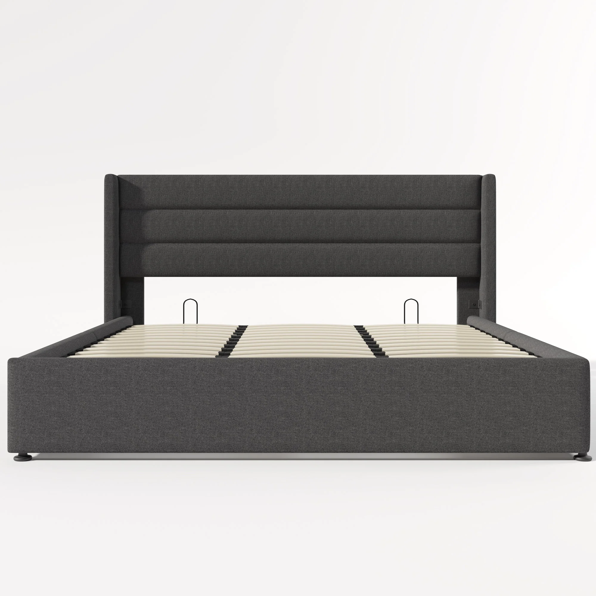 Storage Bed Upholstered Hydraulic Double 180x200cm, Slatted Base - Linen Grey - Image 5