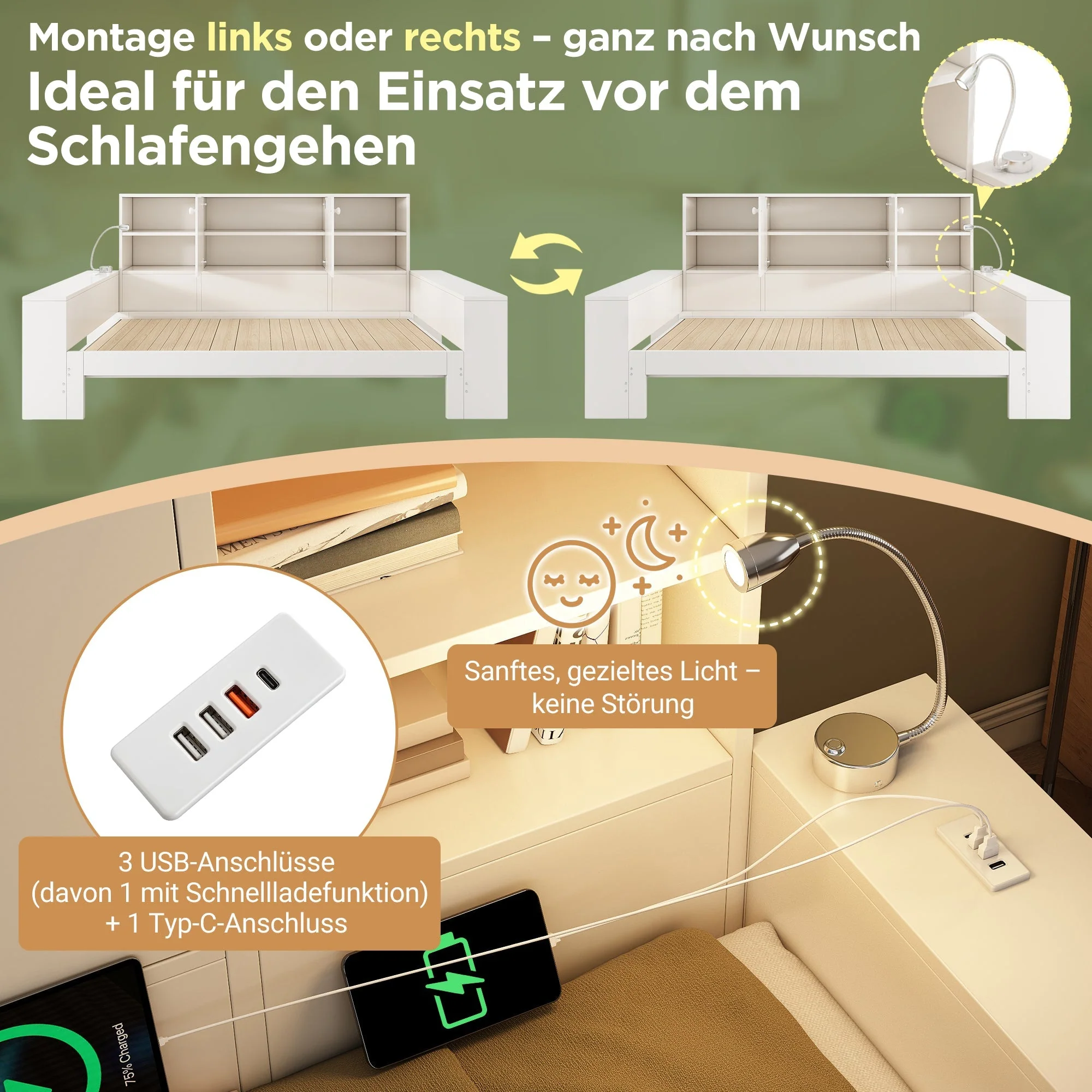 Storage Bed with Pull-out Bed, Double Doors and USB Ports, 90x200cm, White Wood - Image 4