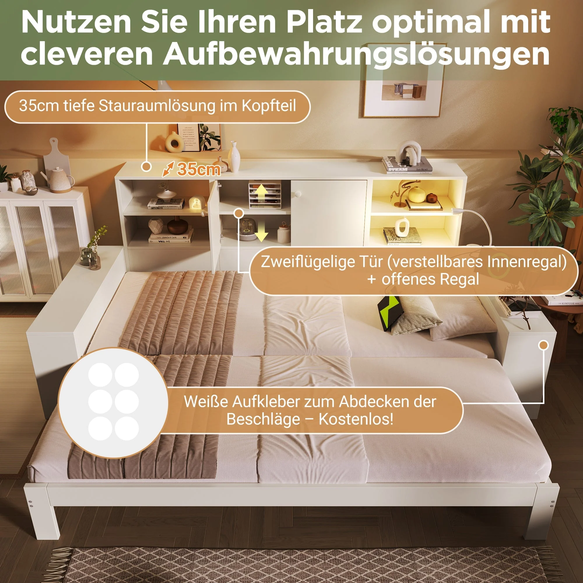 Storage Bed with Pull-out Bed, Double Doors and USB Ports, 90x200cm, White Wood - Image 5