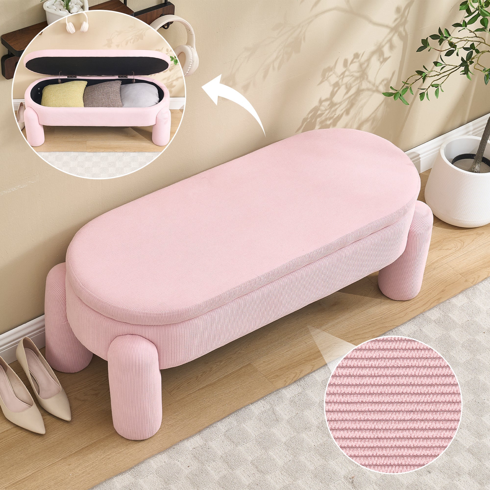 Storage Bench, Modern with Chenille Fabric & Solid Wood Frame, Pink