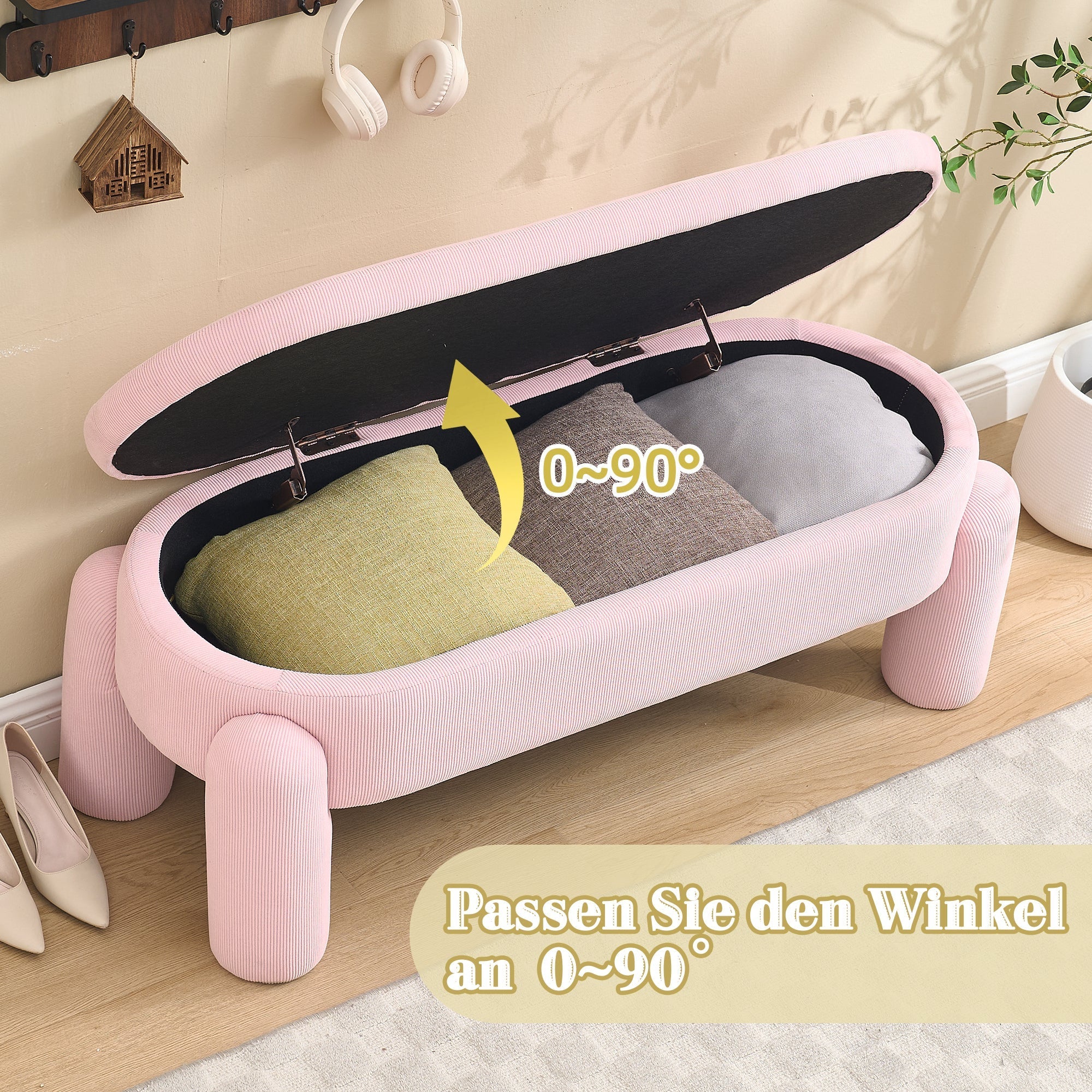 Storage Bench, Modern with Chenille Fabric & Solid Wood Frame, Pink - Image 2
