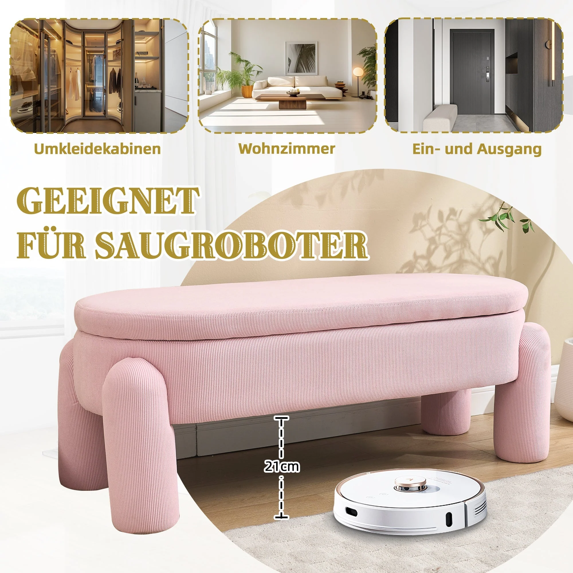 Storage Bench, Modern with Chenille Fabric & Solid Wood Frame, Pink - Image 3