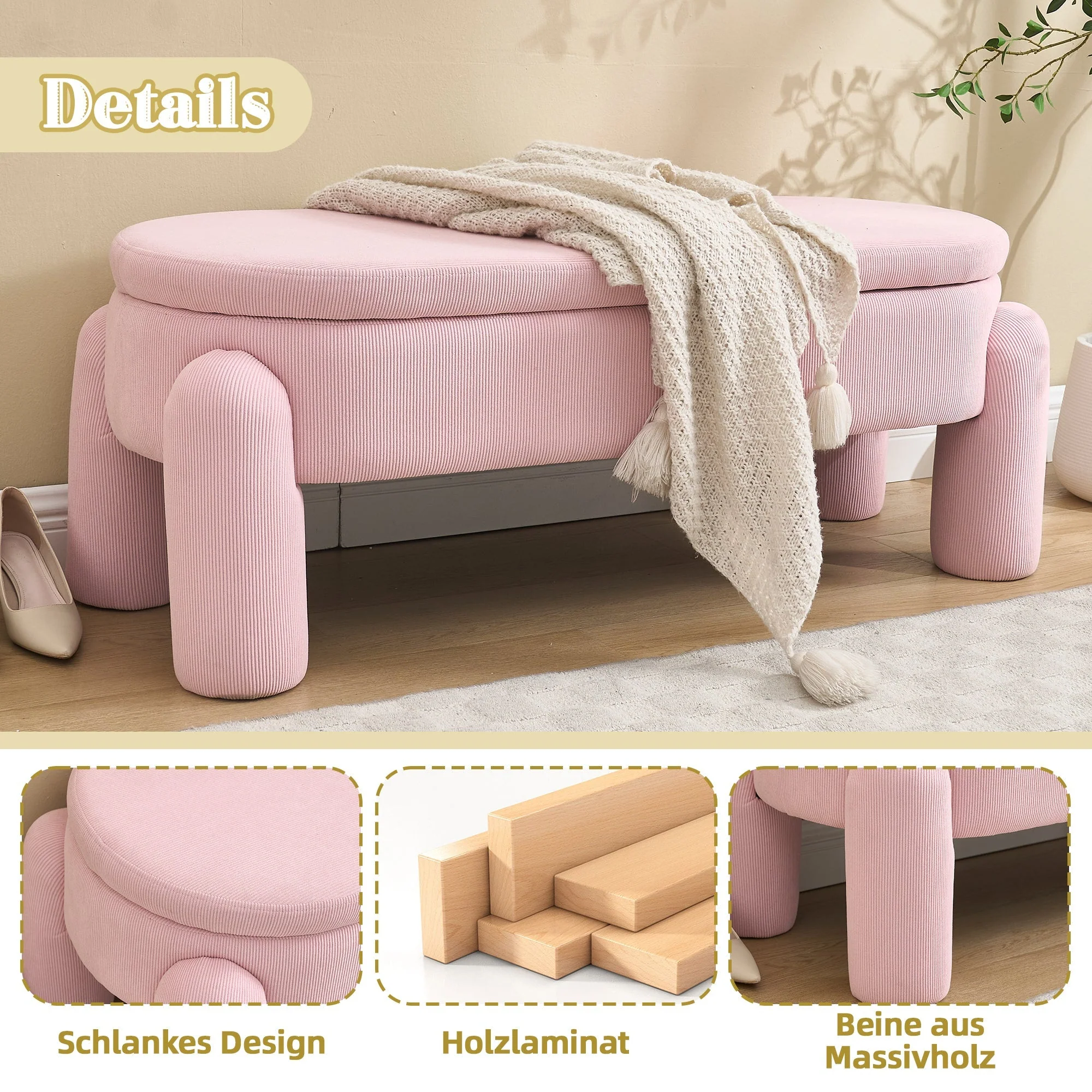 Storage Bench, Modern with Chenille Fabric & Solid Wood Frame, Pink - Image 4