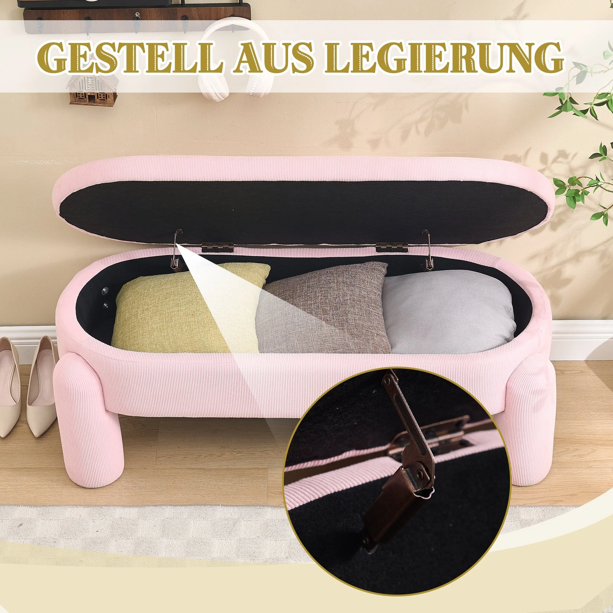 Storage Bench, Modern with Chenille Fabric & Solid Wood Frame, Pink - Image 5