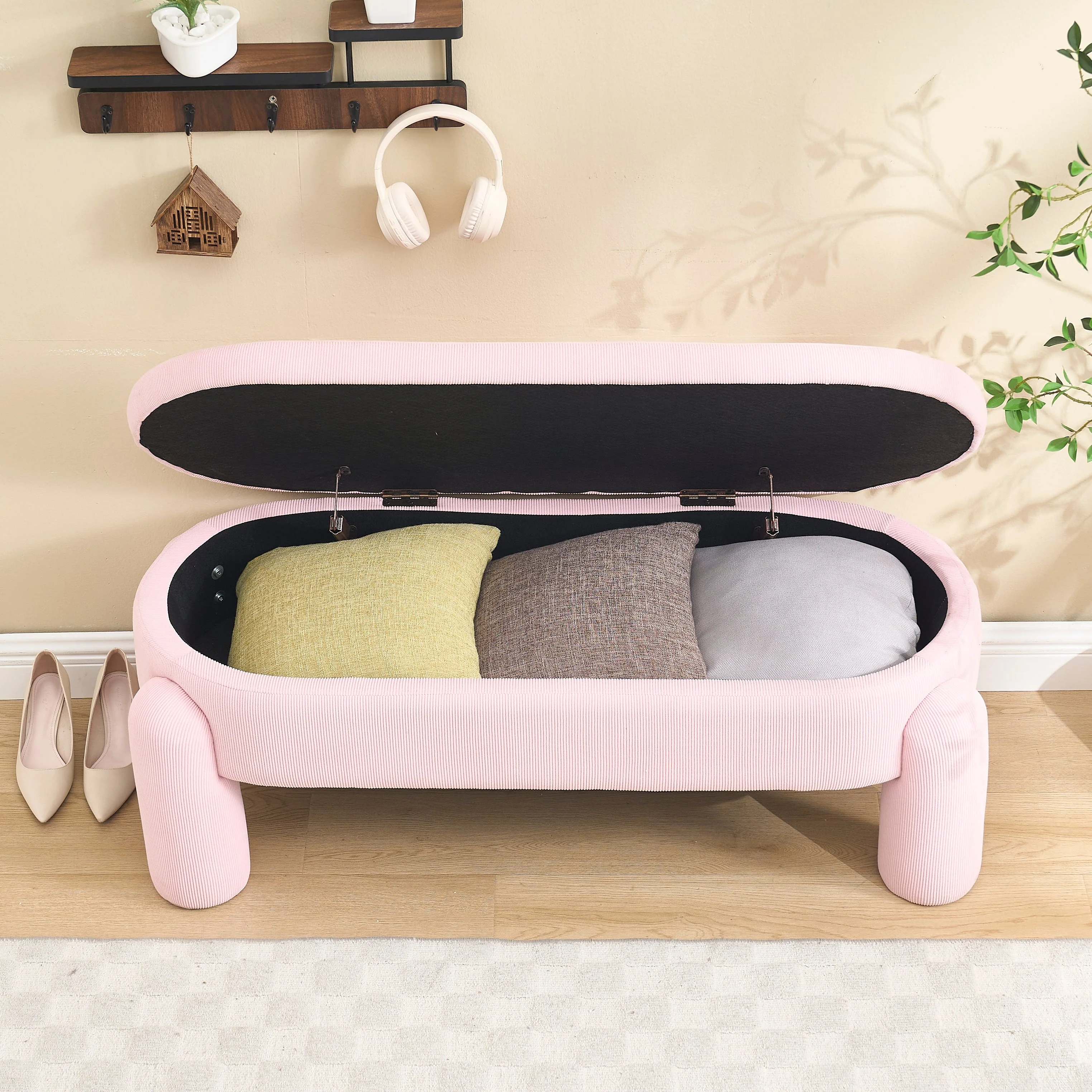Storage Bench, Modern with Chenille Fabric & Solid Wood Frame, Pink - Image 6
