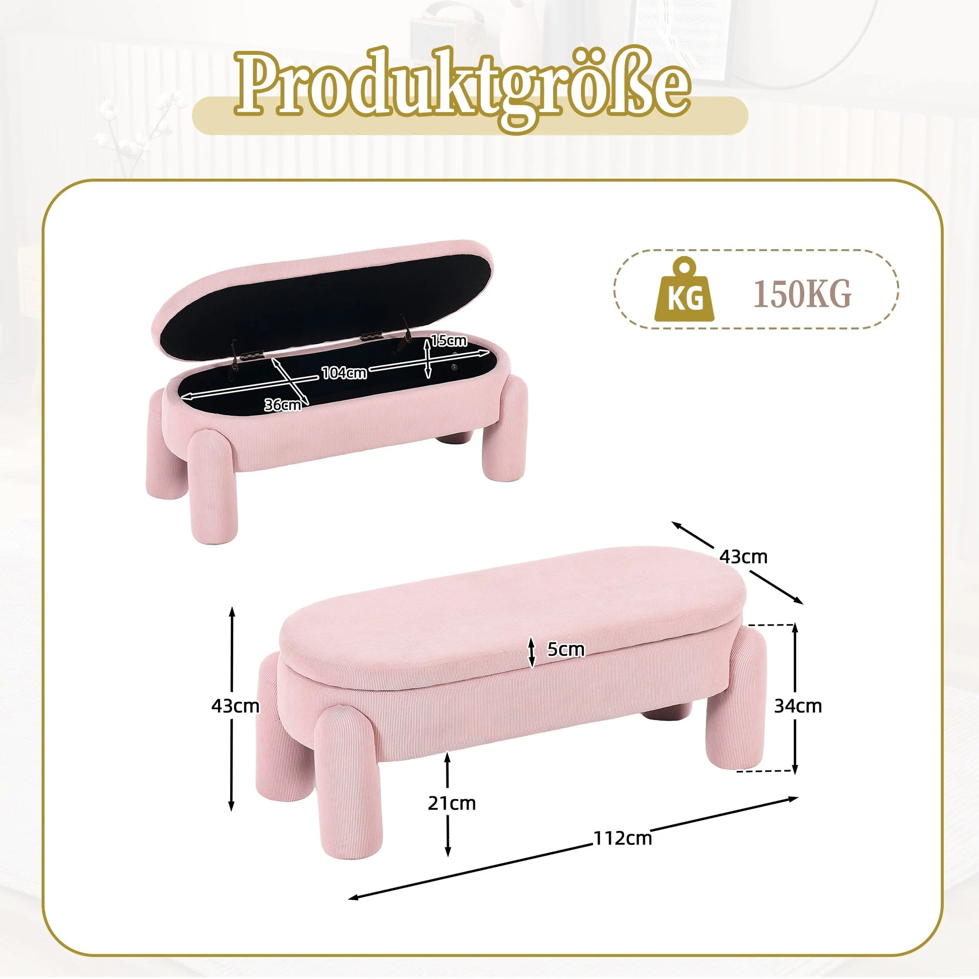 Storage Bench, Modern with Chenille Fabric & Solid Wood Frame, Pink - Image 8