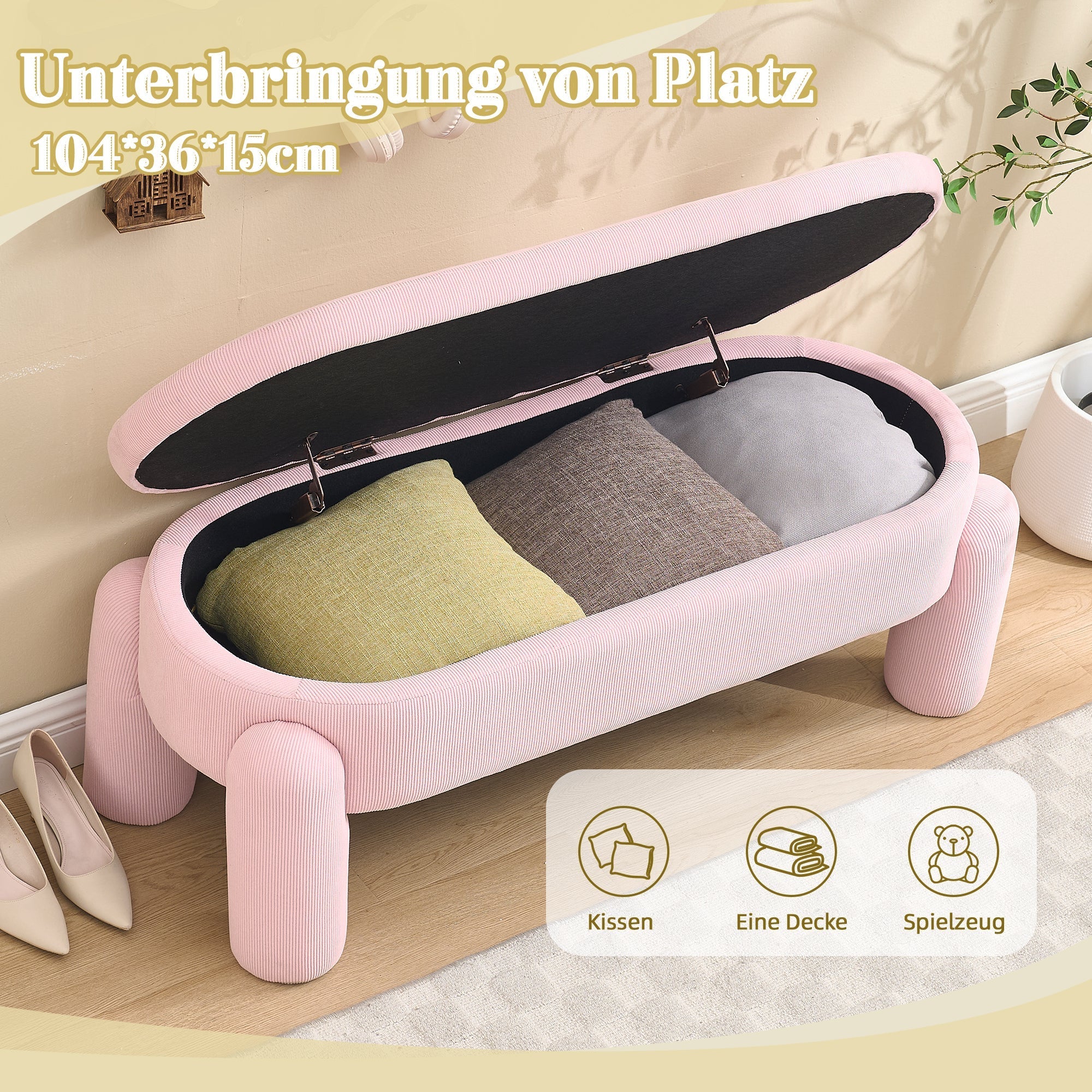 Storage Bench, Modern with Chenille Fabric & Solid Wood Frame, Pink - Image 9