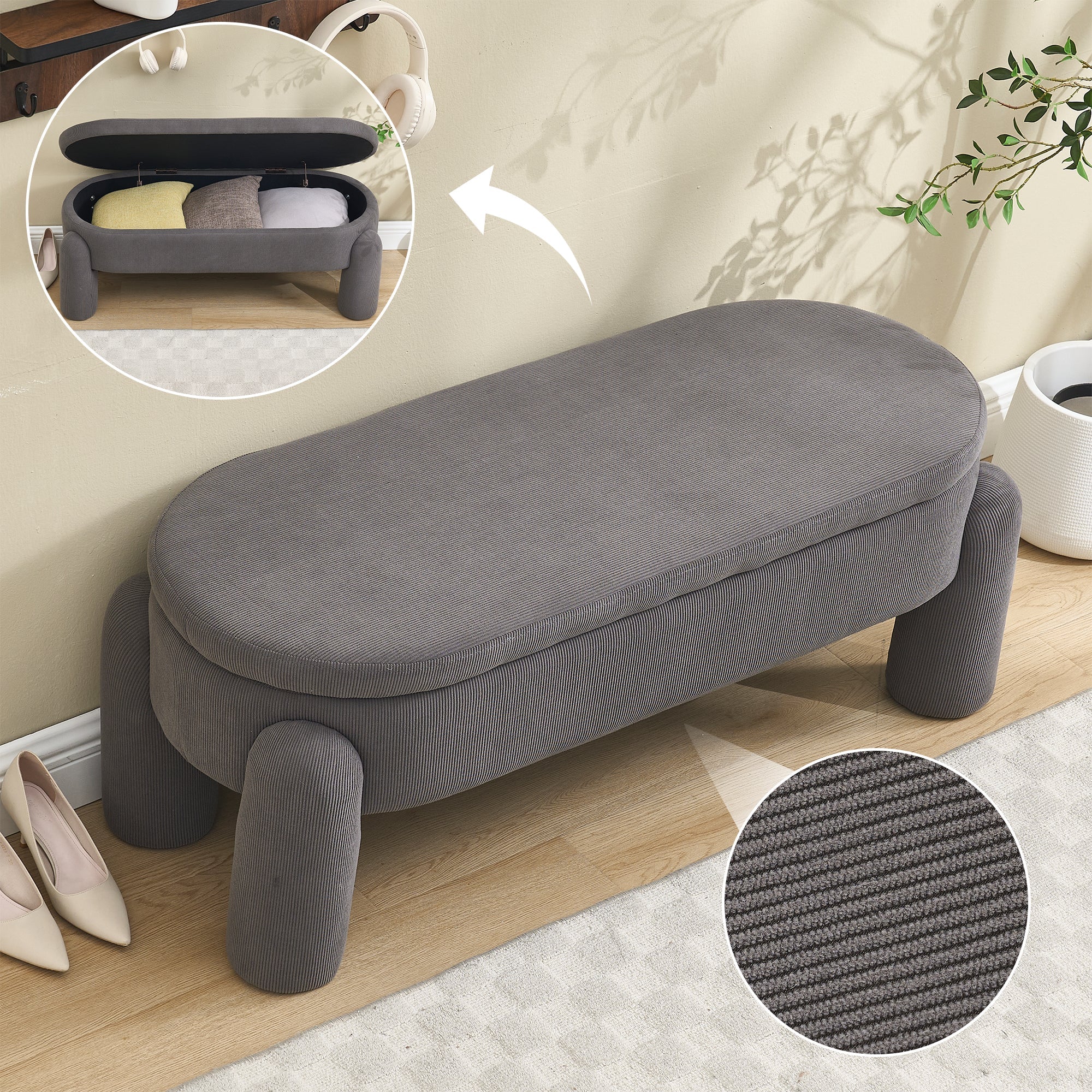Storage Bench, Modern with Storage & Solid Wood Frame, Chenille Fabric Gray