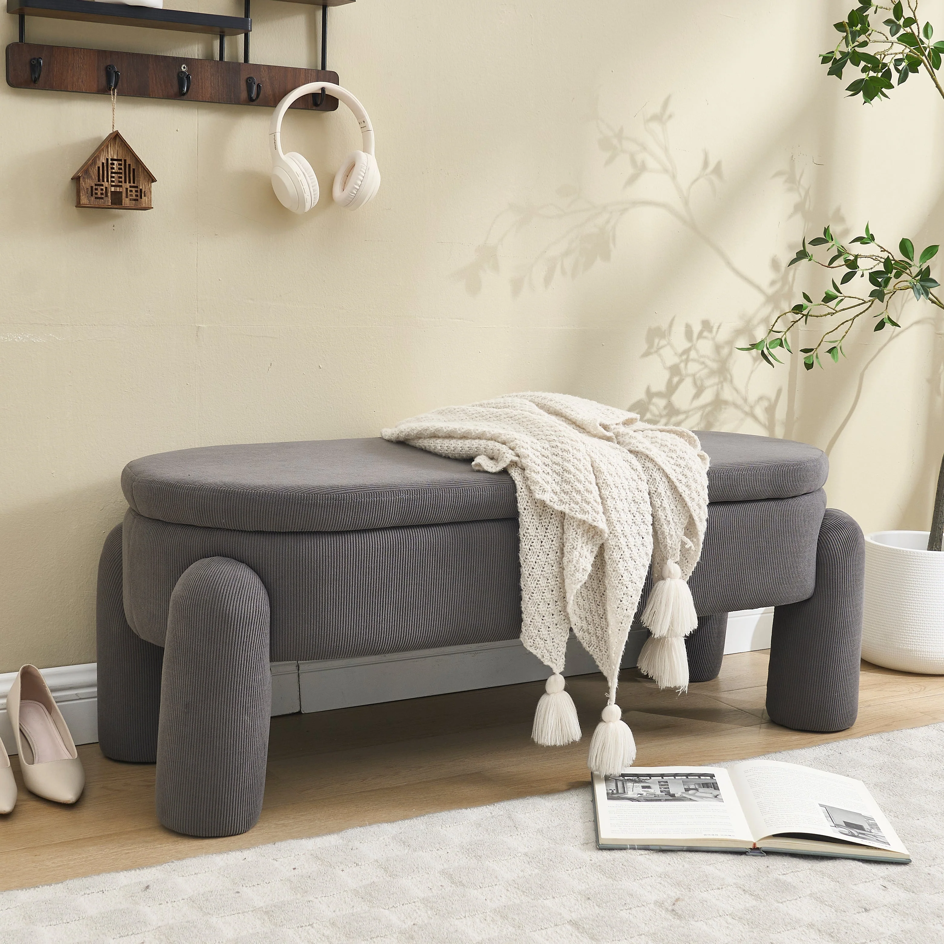 Storage Bench, Modern with Storage & Solid Wood Frame, Chenille Fabric Gray - Image 2