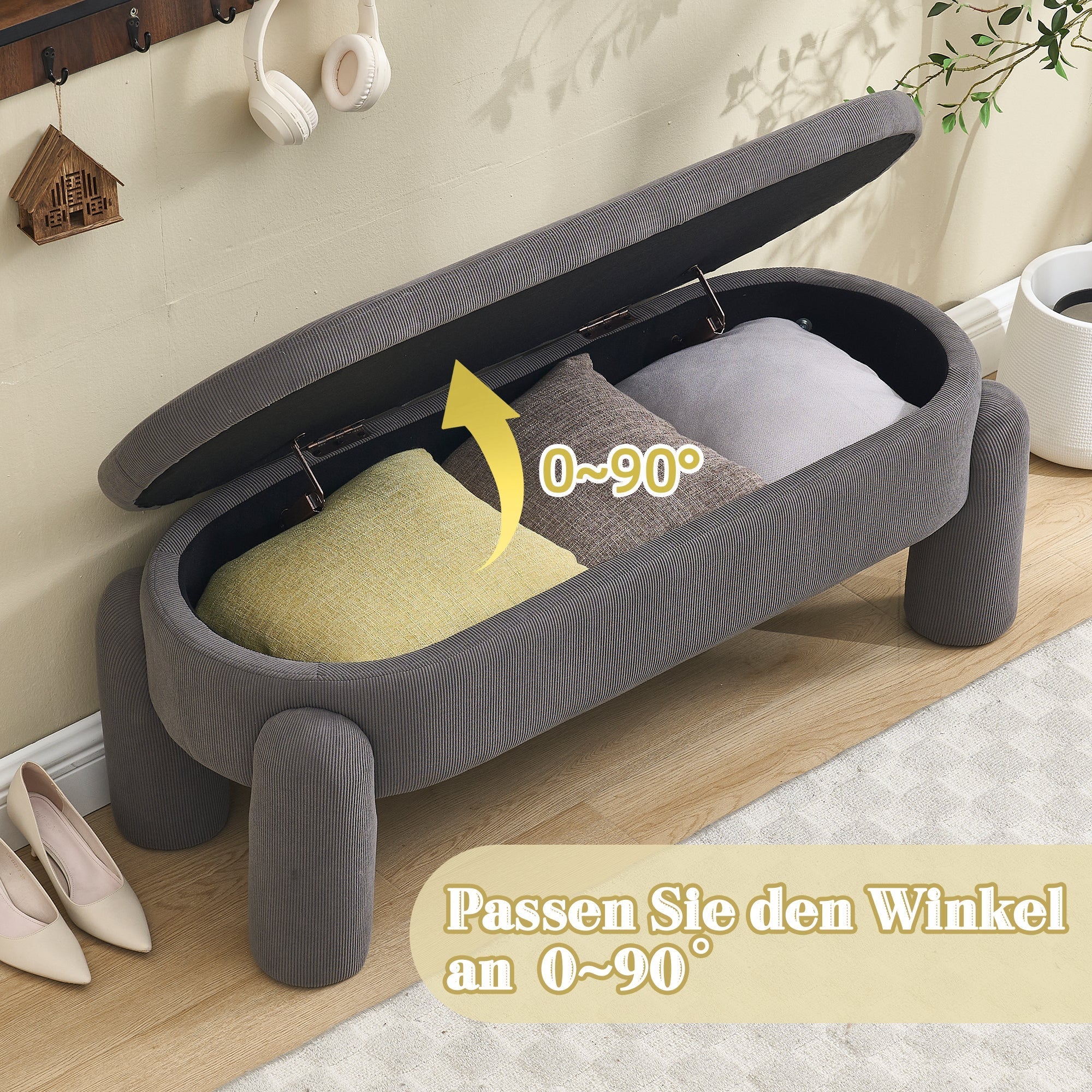 Storage Bench, Modern with Storage & Solid Wood Frame, Chenille Fabric Gray - Image 3