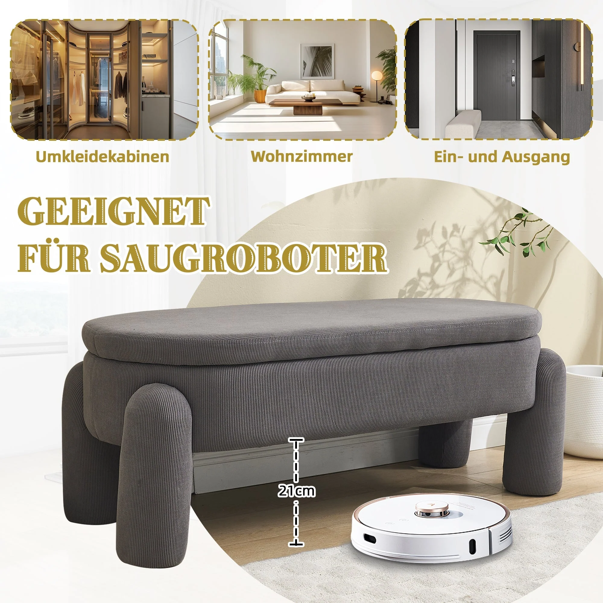 Storage Bench, Modern with Storage & Solid Wood Frame, Chenille Fabric Gray - Image 4