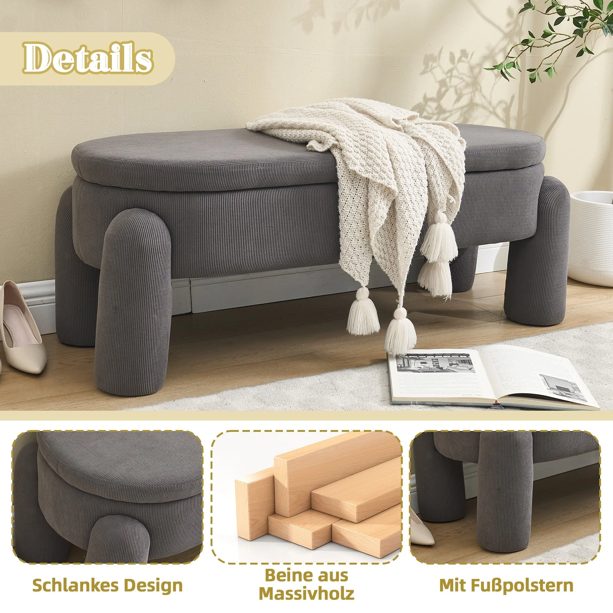 Storage Bench, Modern with Storage & Solid Wood Frame, Chenille Fabric Gray - Image 5
