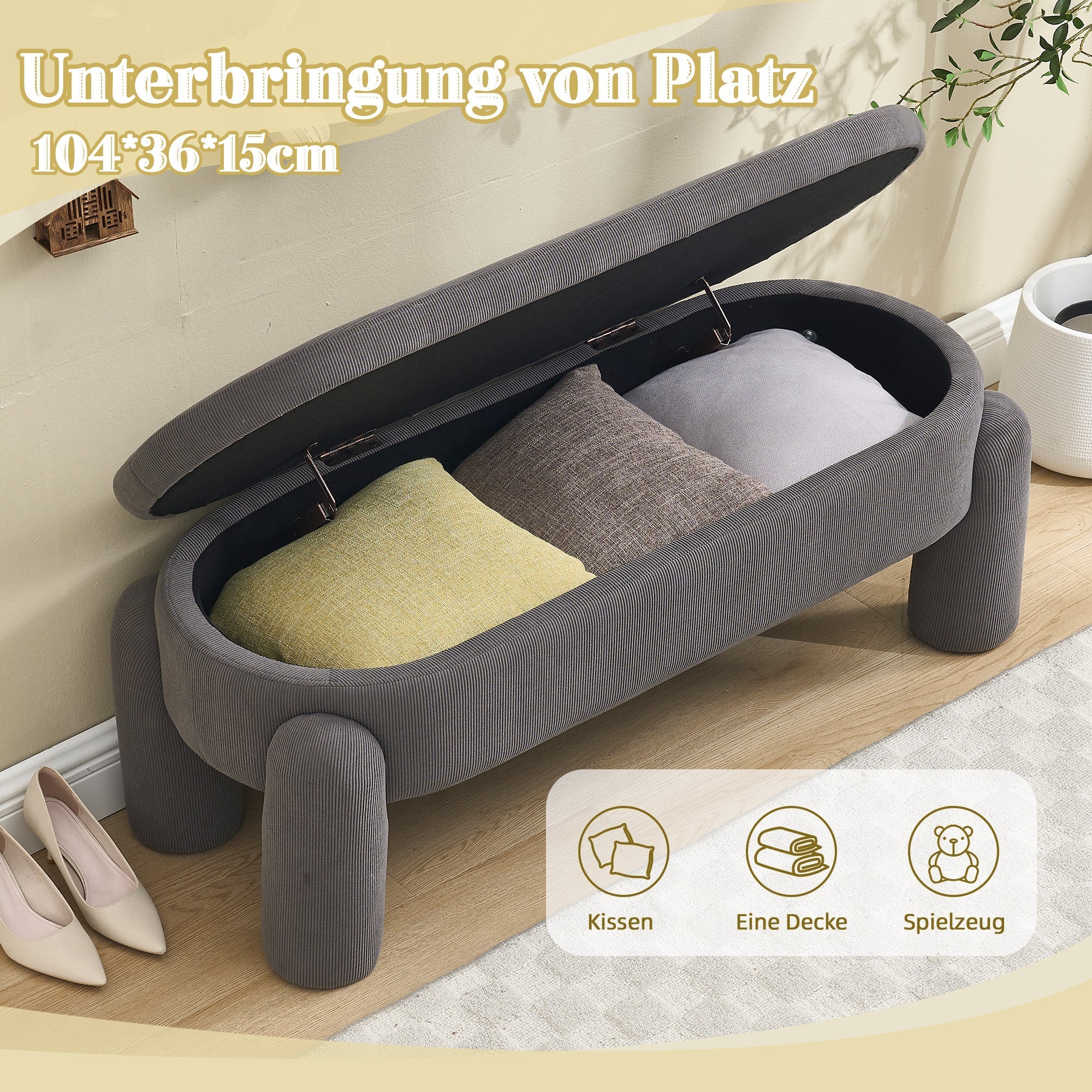 Storage Bench, Modern with Storage & Solid Wood Frame, Chenille Fabric Gray - Image 7