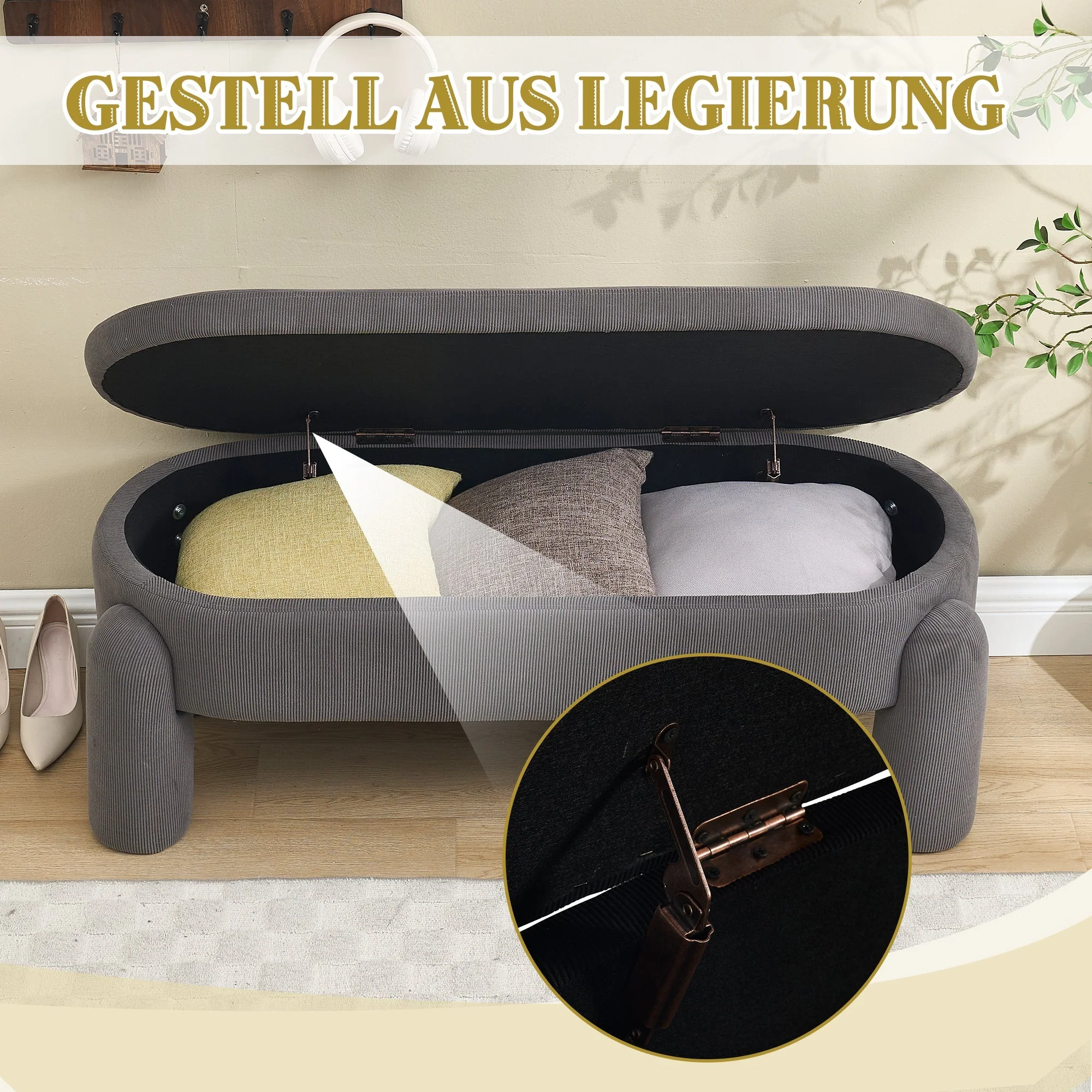 Storage Bench, Modern with Storage & Solid Wood Frame, Chenille Fabric Gray - Image 8