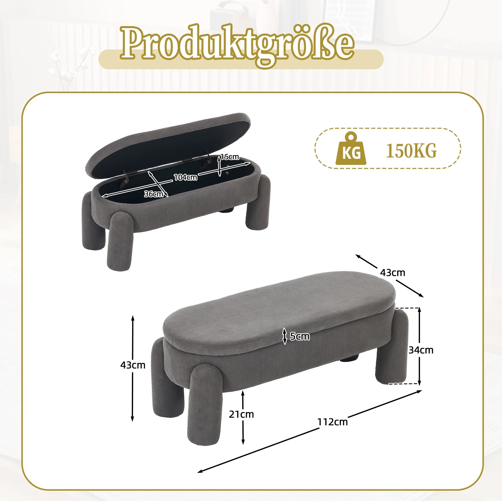 Storage Bench, Modern with Storage & Solid Wood Frame, Chenille Fabric Gray - Image 9