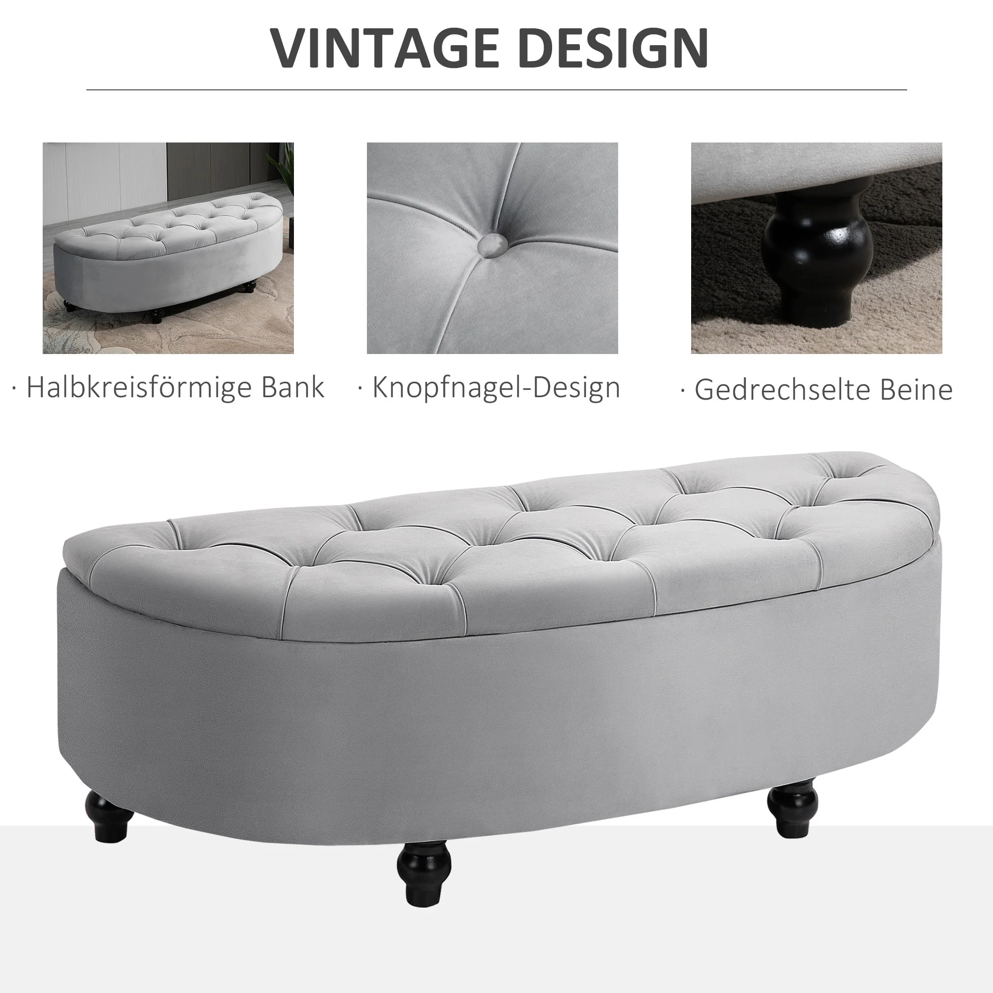 Storage Bench Ottoman Footstool, Velvet-Touch Rubberwood, Grey - Image 6
