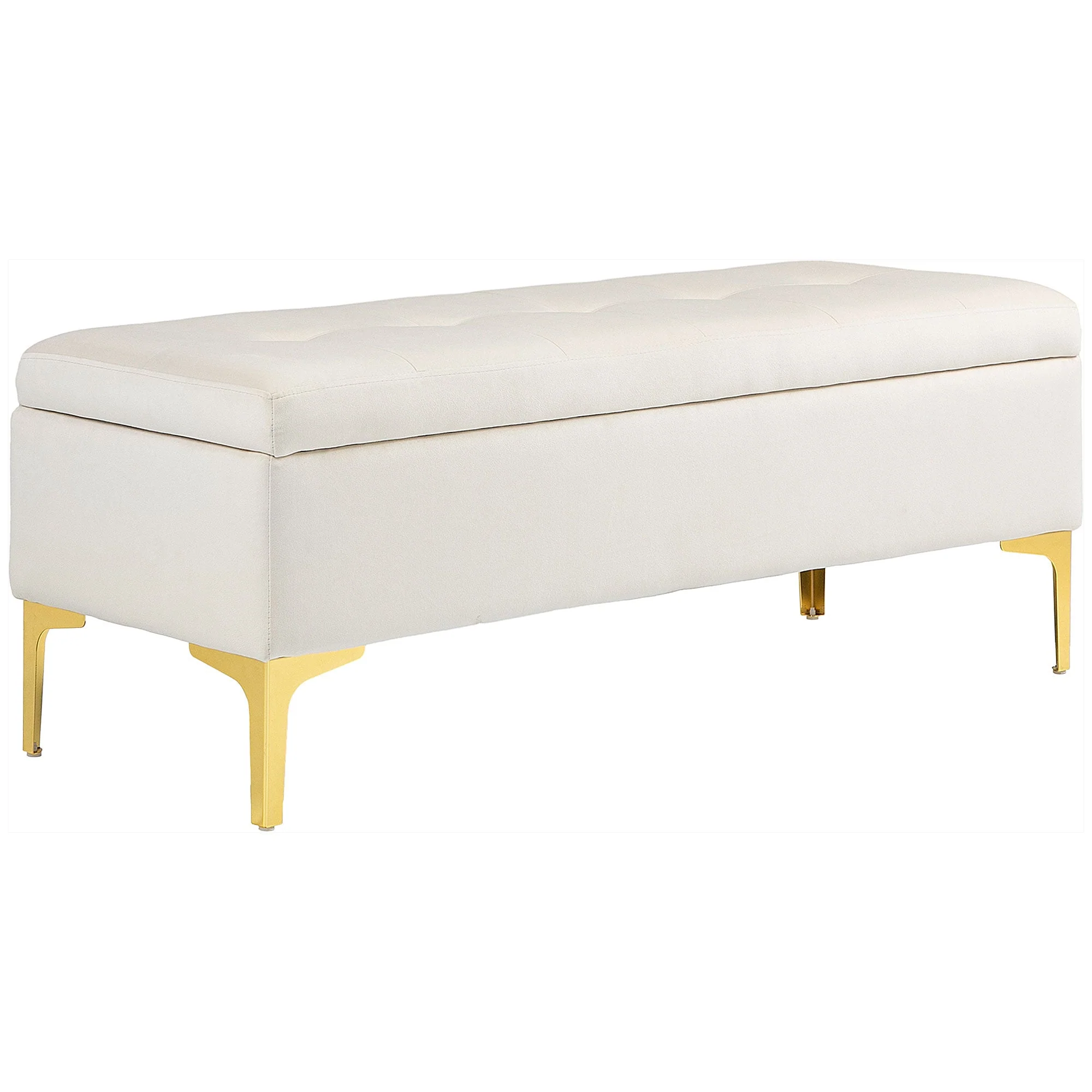 Storage Bench Upholstered Metal Legs, Velvet Look Beige - Image 2