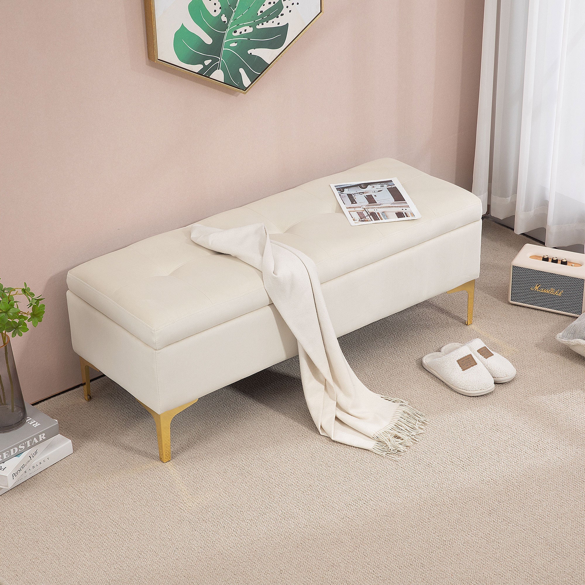 Storage Bench Upholstered Metal Legs, Velvet Look Beige - Image 8