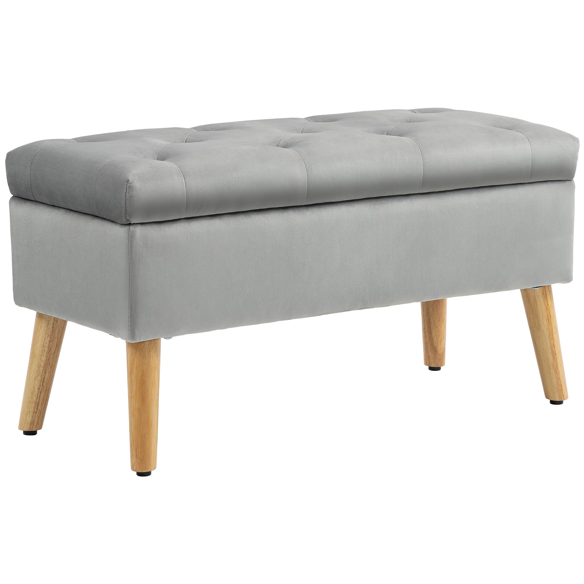 Storage Bench, Upholstered Velvet Look Bed Bench with Lid, Rubberwood Grey - Image 2