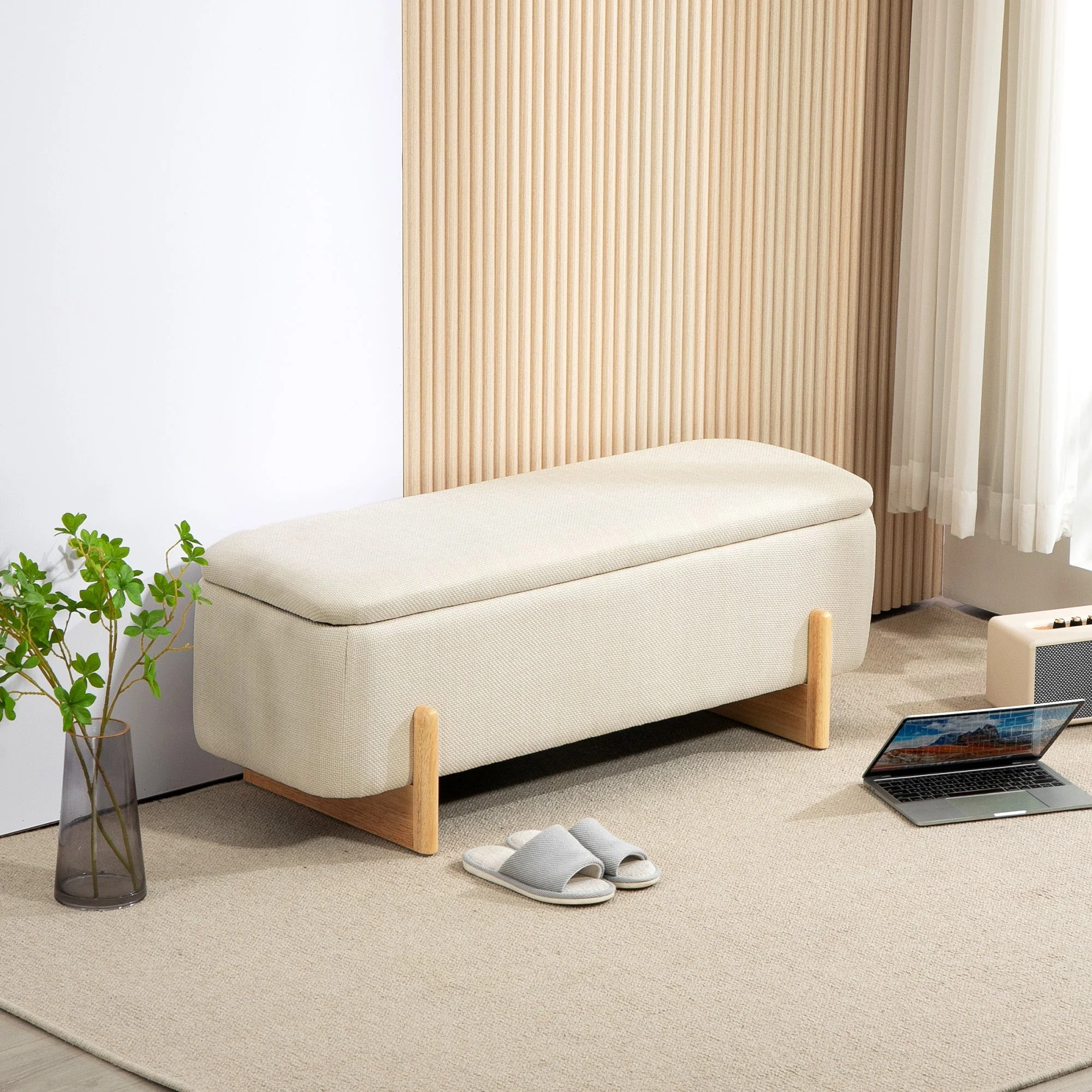 Storage Bench, Upholstered with Safety Hinges & Wooden Legs, Linen Look - Image 2