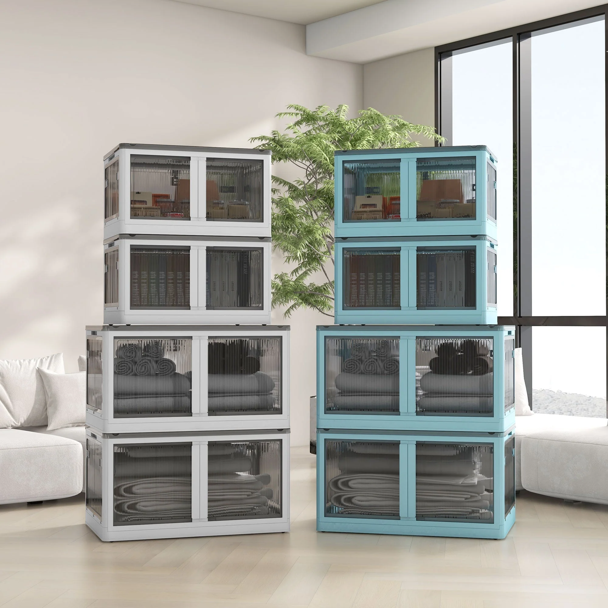 Storage Box 69L Stackable Foldable Wheels 5-Sided Access, White - Image 7