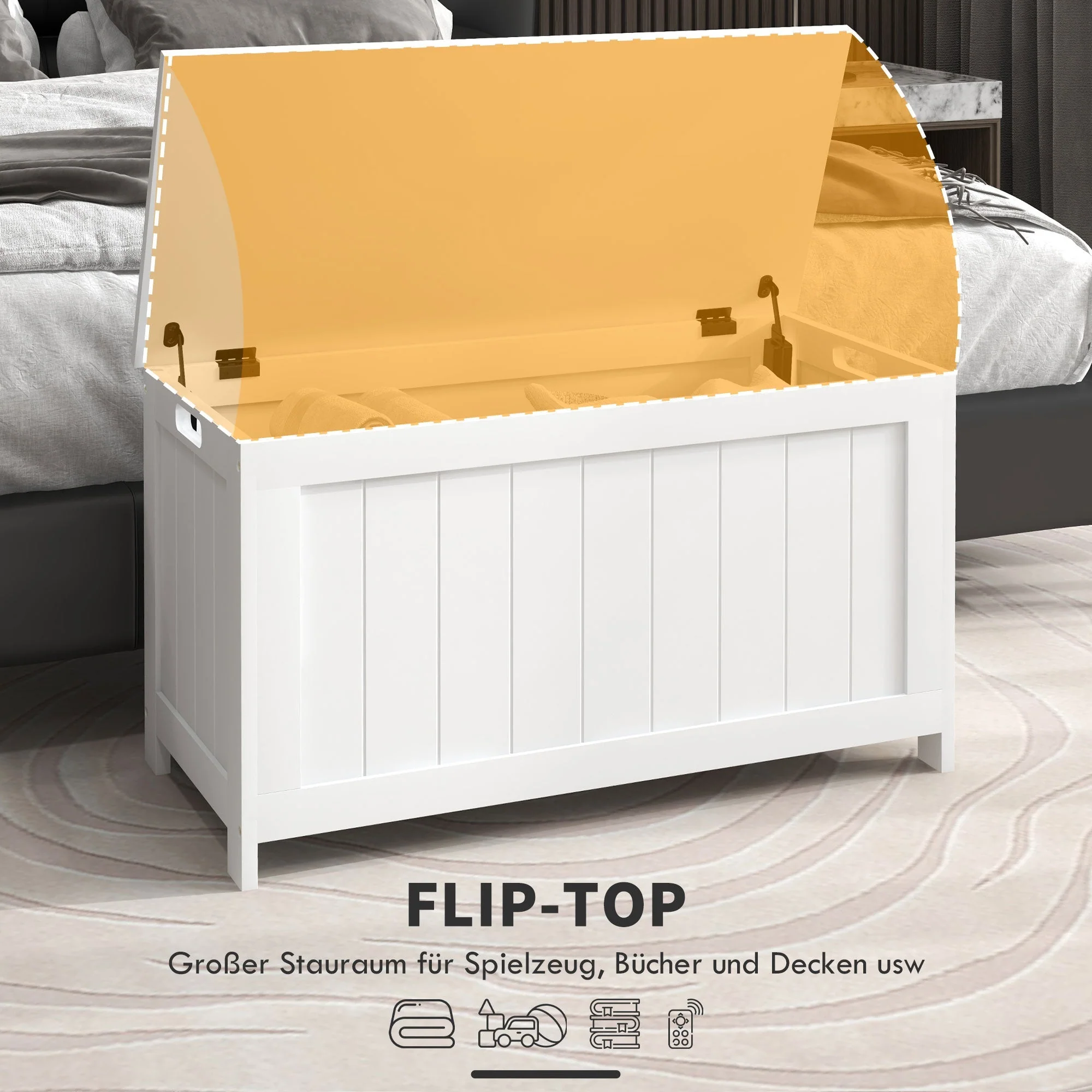 Storage Box Chest, Handle Lid, Living Room Bedroom, White - Image 4
