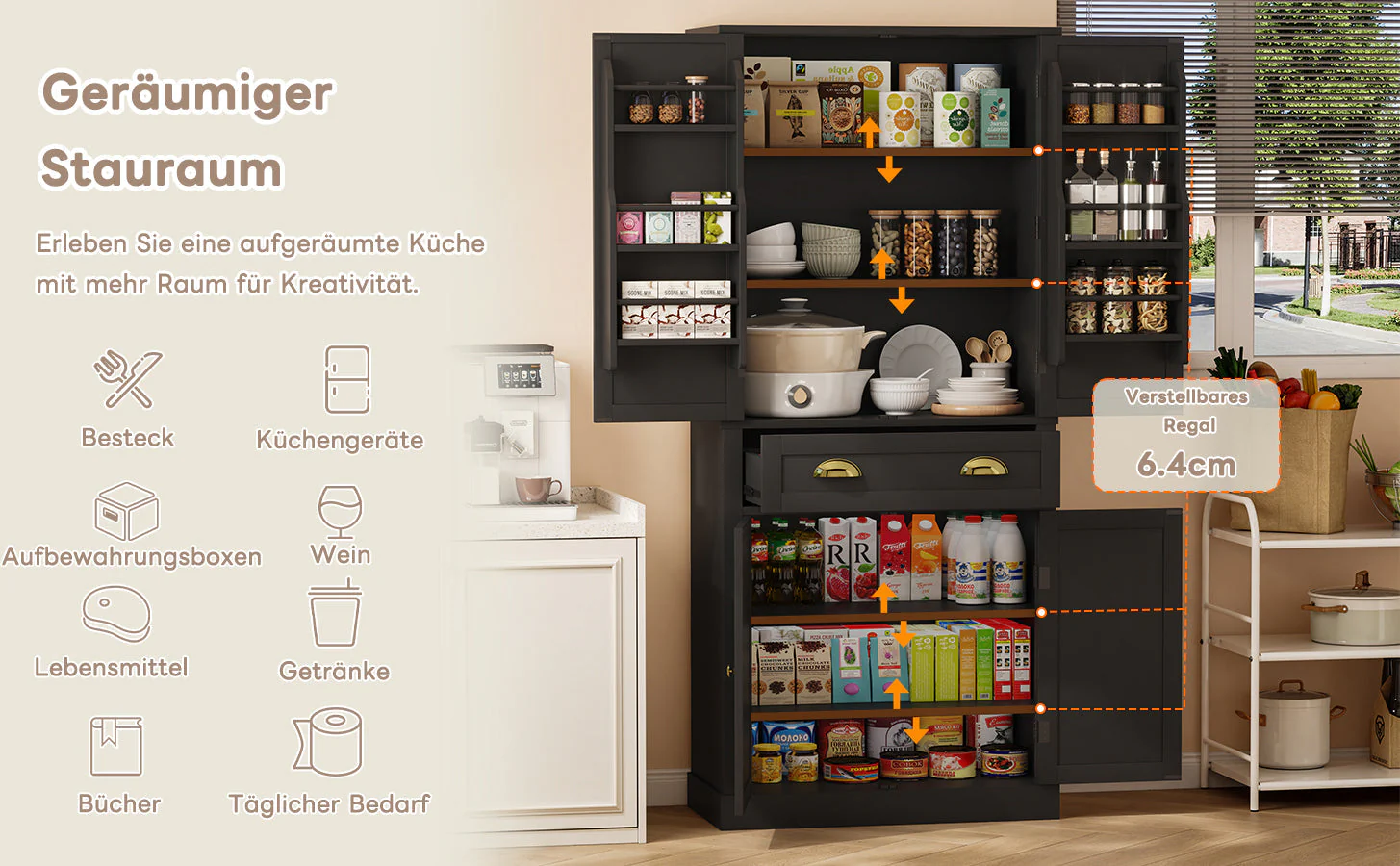 Storage Cabinet 182cm 4 Doors 1 Drawer Adjustable Shelves - Black - Image 9