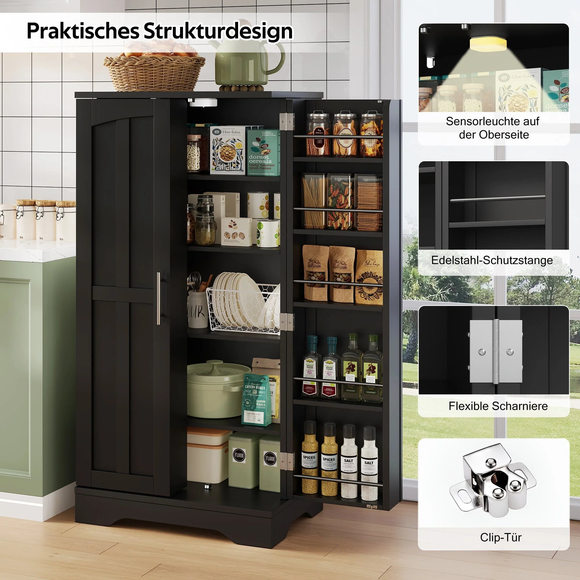 Storage Cabinet 2-Door LED Sensor Light Adjustable Shelves - Black - Image 3