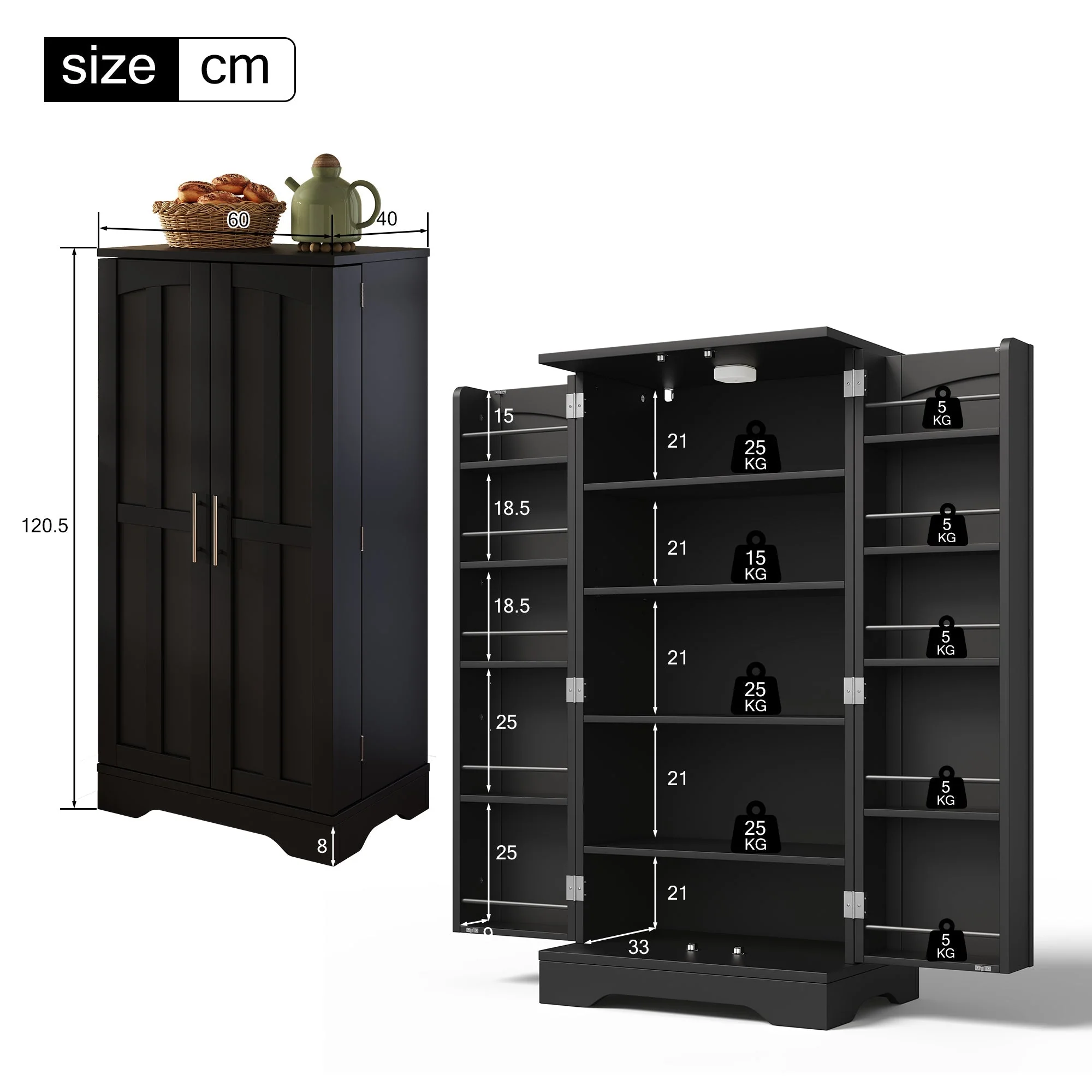 Storage Cabinet 2-Door LED Sensor Light Adjustable Shelves - Black - Image 6