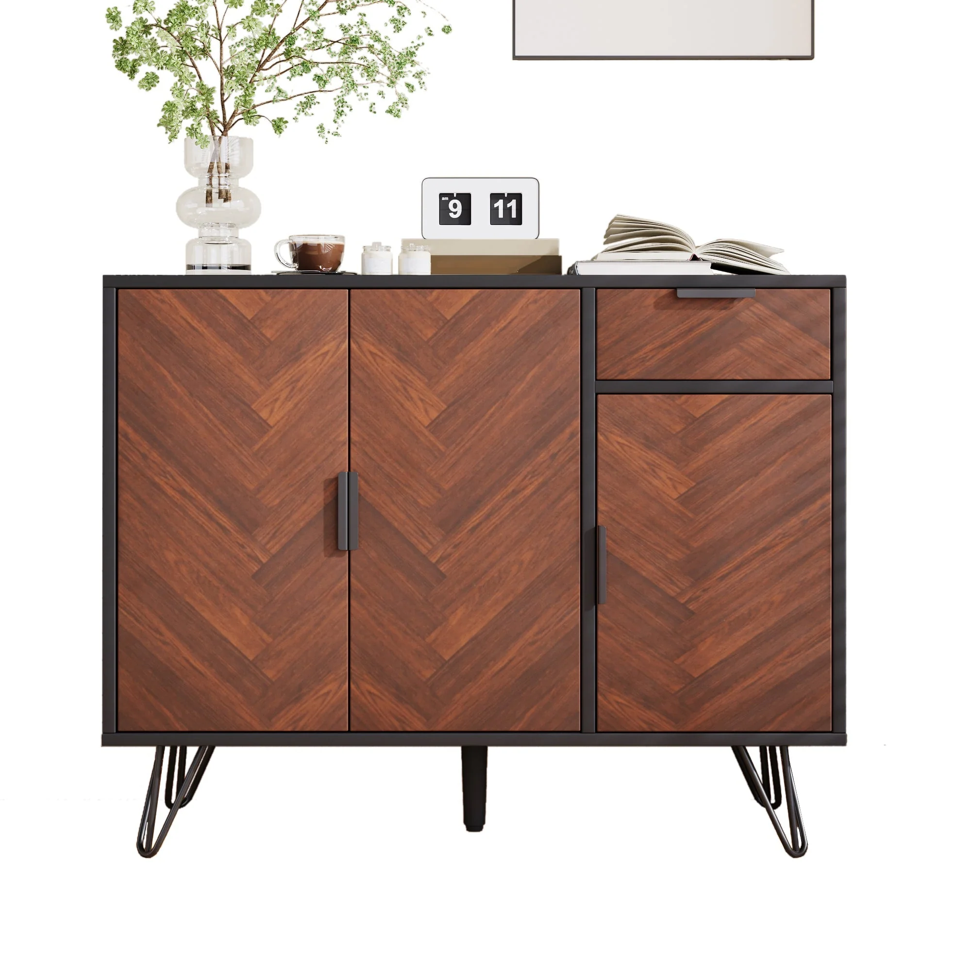 Storage Cabinet, Modern Sideboard with Drawer & Adjustable Shelves, Black & Wood Look - Image 2
