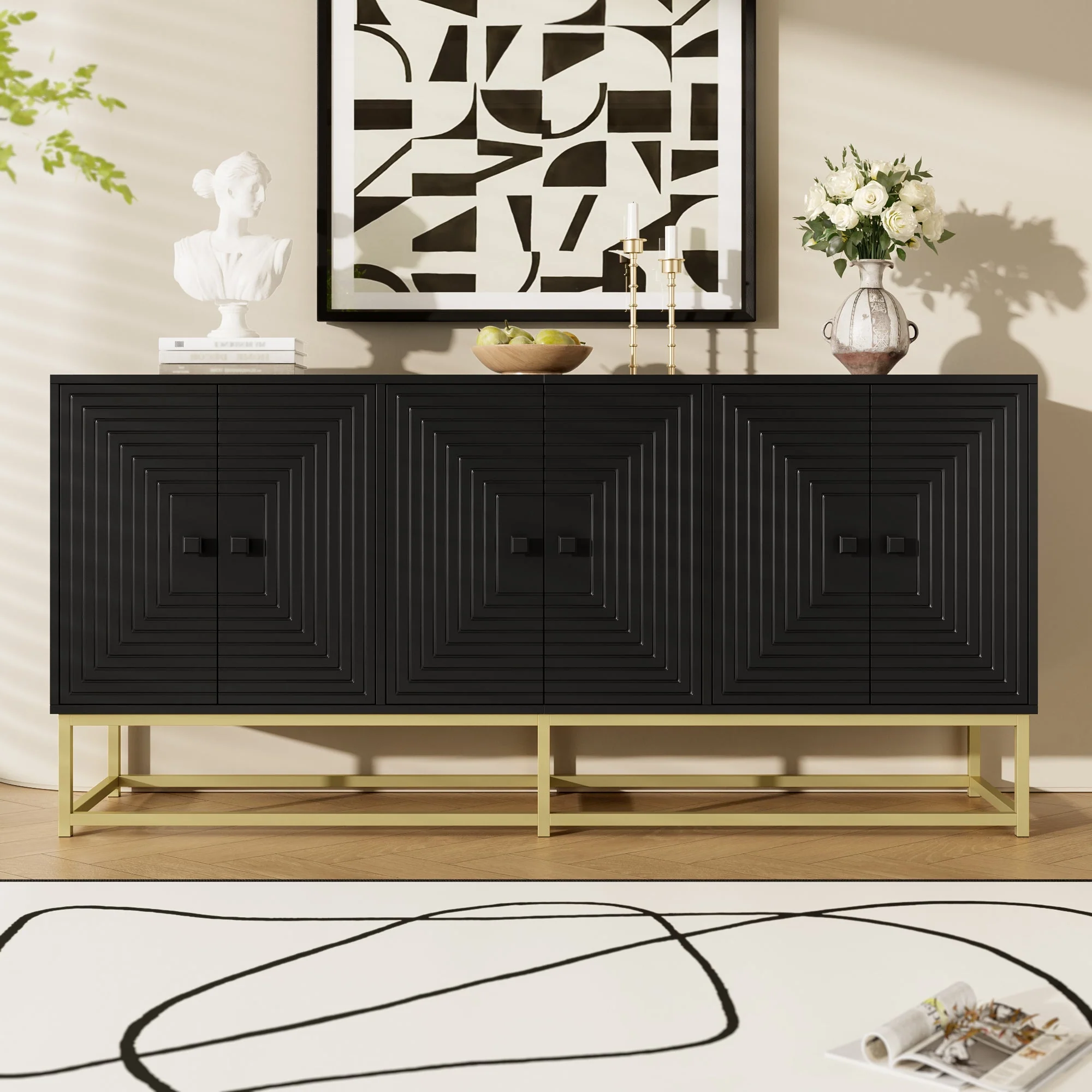 Storage Cabinet Sideboard with 3 Double Doors, Large Storage, Matte Black - Image 8