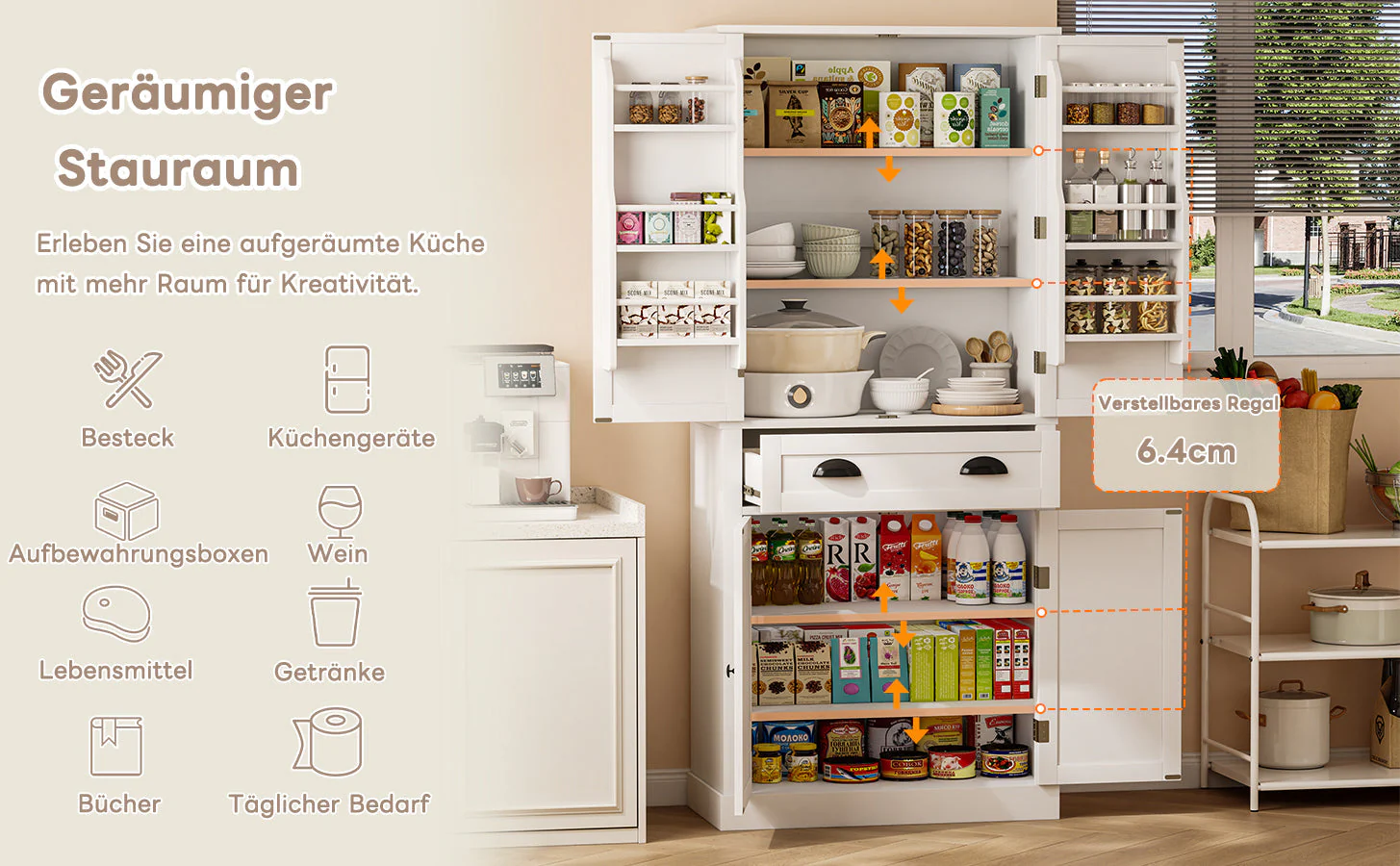 Storage Cabinet with 4 Doors and 1 Drawer, 6 Compartments and 4 Adjustable Shelves, White - Image 10
