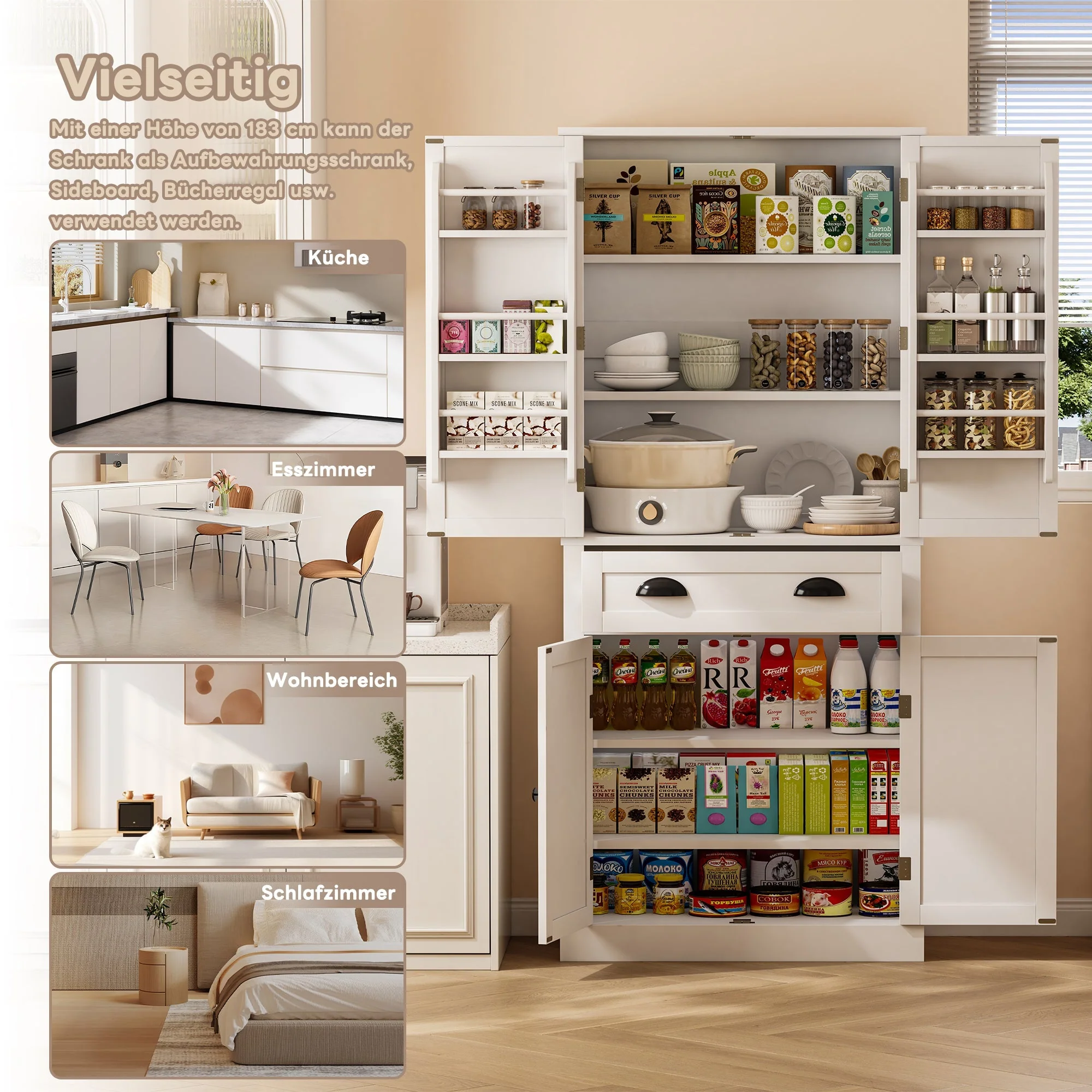 Storage Cabinet with 4 Doors and 1 Drawer, 6 Compartments and 4 Adjustable Shelves, White - Image 3